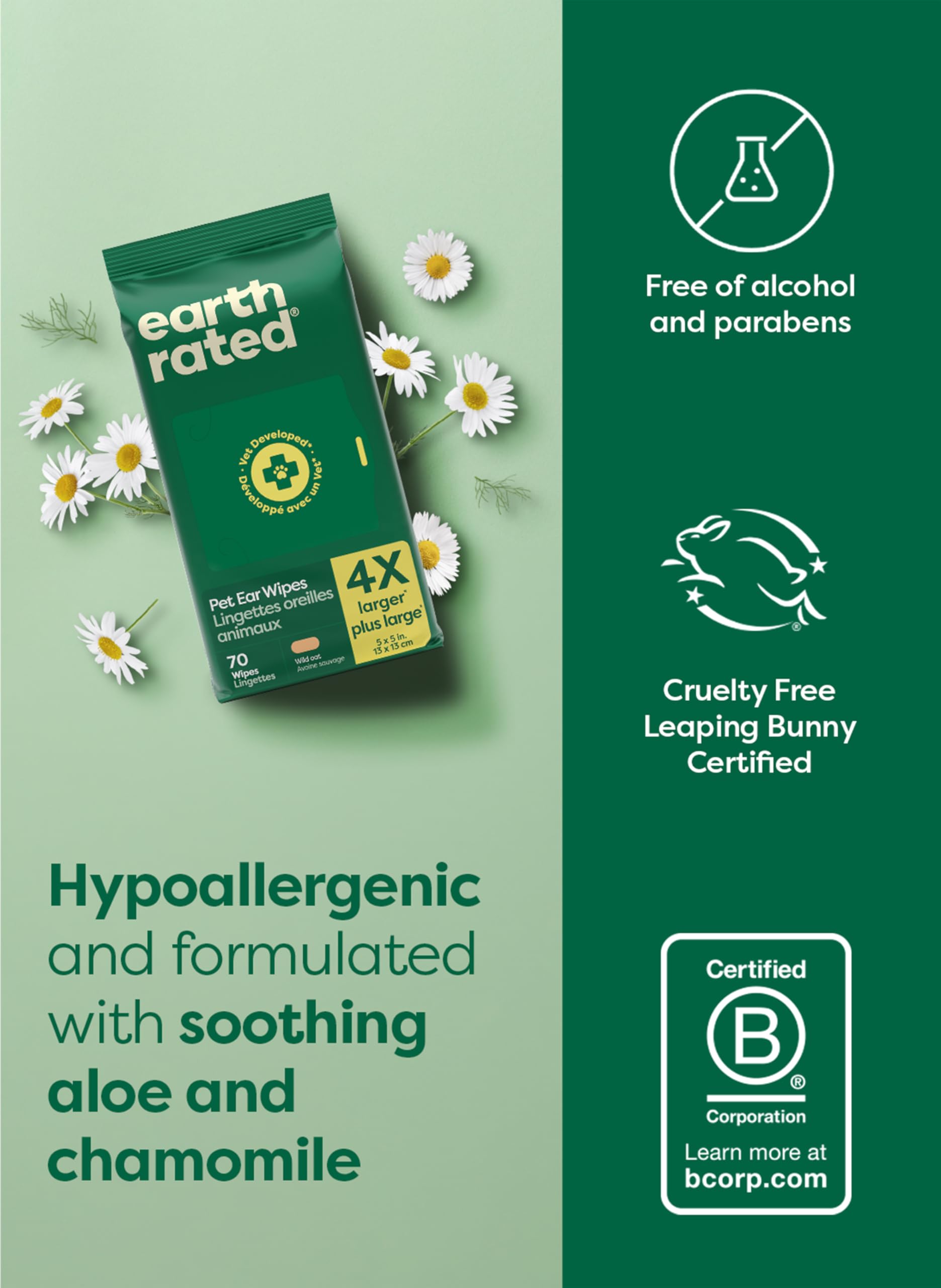 Earth Rated Dog Ear Wipes, Vet Developed, Wild Oat, for Dirt & Wax, 70ct view 7