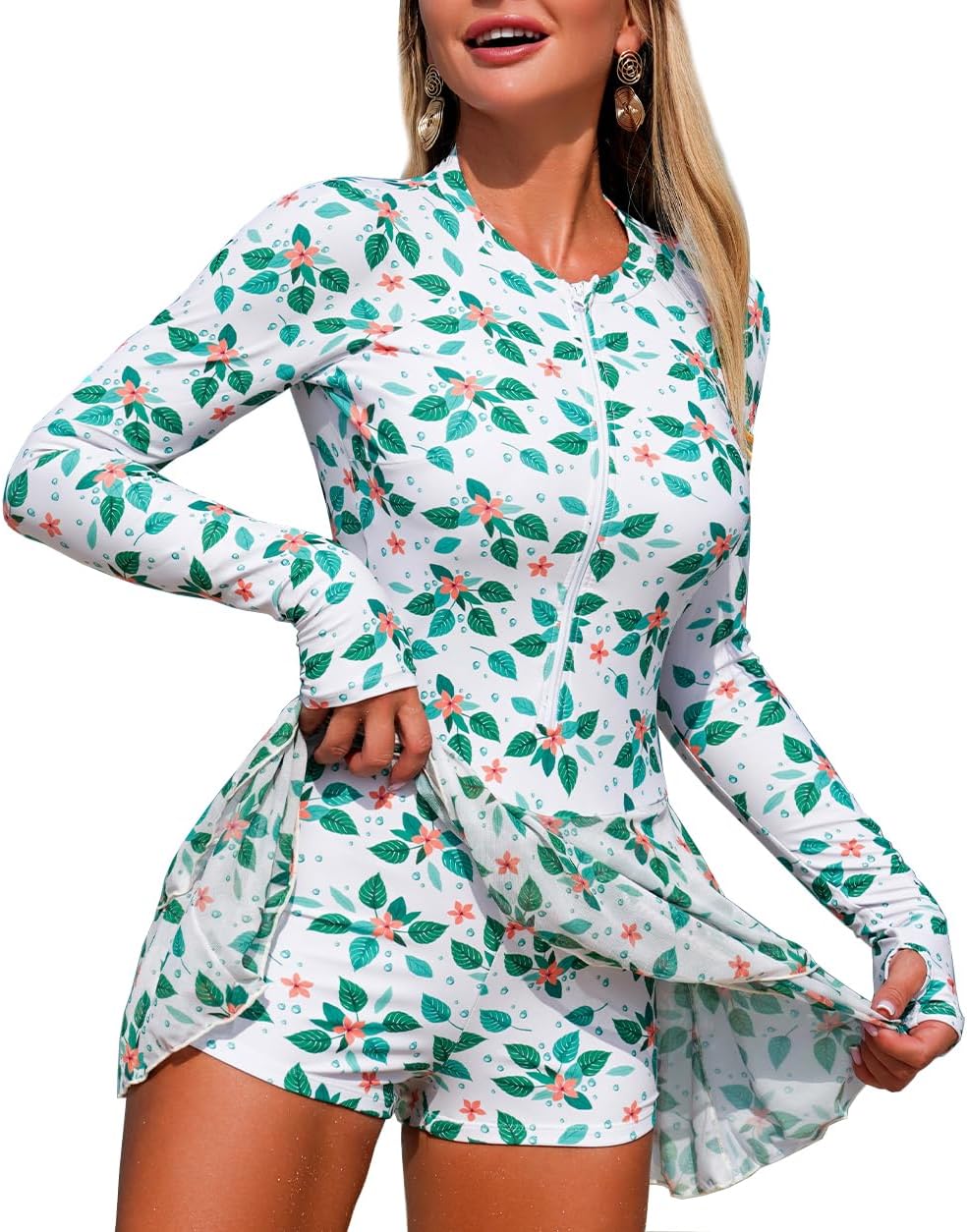 YATEEN Womens Long Sleeve Rash Guard One Piece Boyleg Swimsuit Zipper Swim Dress Skirted Swimsuit Swim Shirt