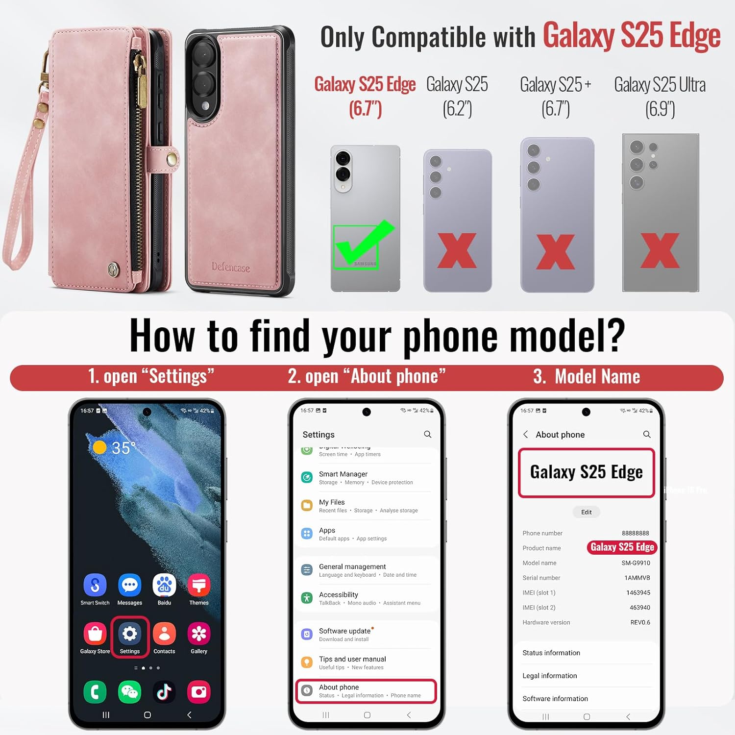 Defencase for Samsung Galaxy S25 Edge Magnetic Wallet Case Compatible with Magsafe with RFID Blocking Zipper & Card Holder Women, PU Leather Detachable Phone Case for Galaxy S25 Edge 6.7", Rose Pink
