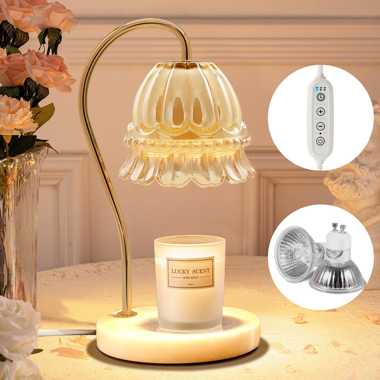 Candle Warmer Lamp with Timer, Dimmable Elegant Glass Flower Lamp, 2 Bulbs & Marble Base, Electric Desk Lamp, Vintage Aesthetic Room Bedroom Decor, Wax Melt Warmer Light, Women/Mom Warm Gift