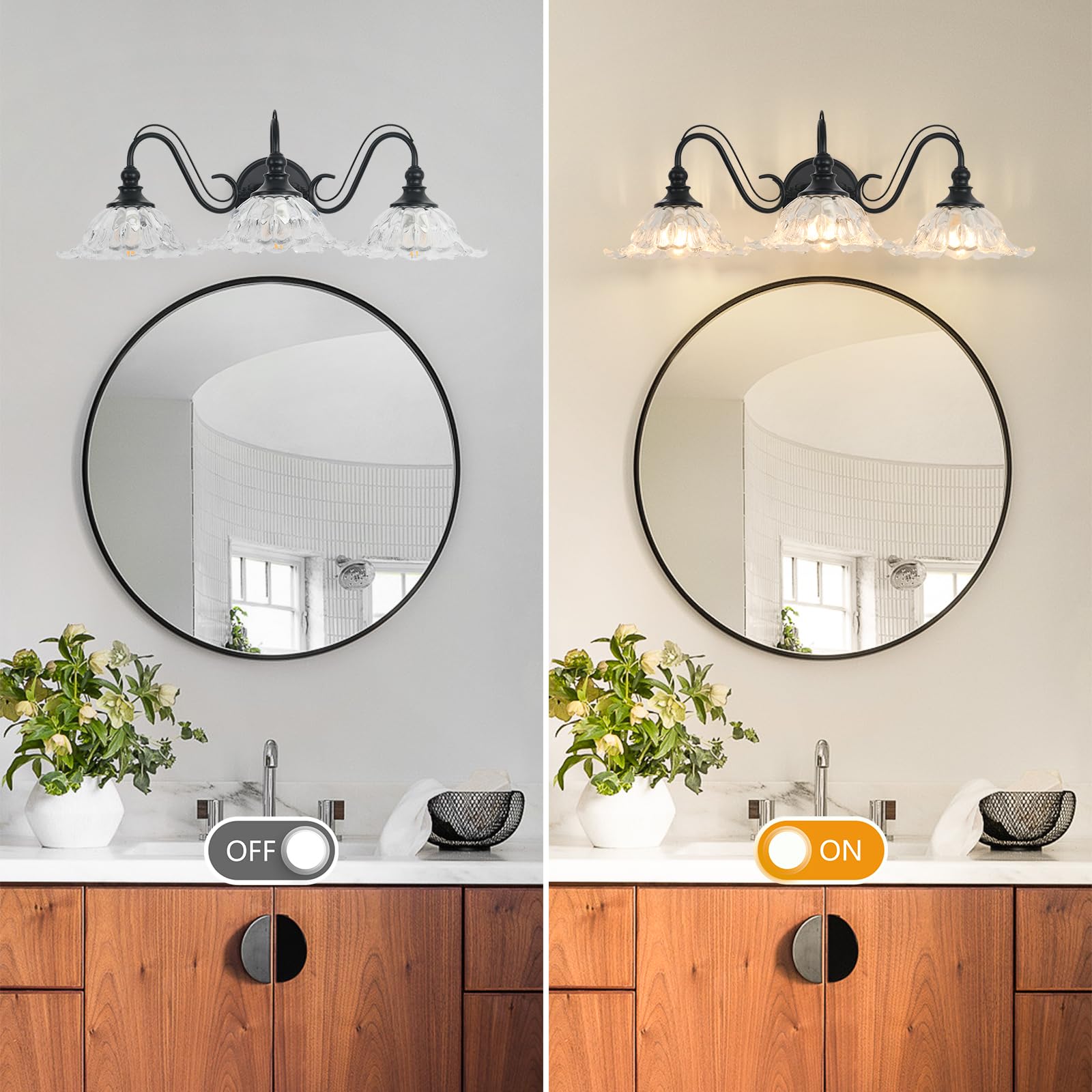 Vintage-Badezimmerleuchte, 3-flammig, antikes mattschwarzes Finish mit klaren blumenförmigen Glasschirmen, E26-Sockel, 64 cm (25,2 Zoll) Waschtischleuchte, Badezimmer-Beleuchtung über