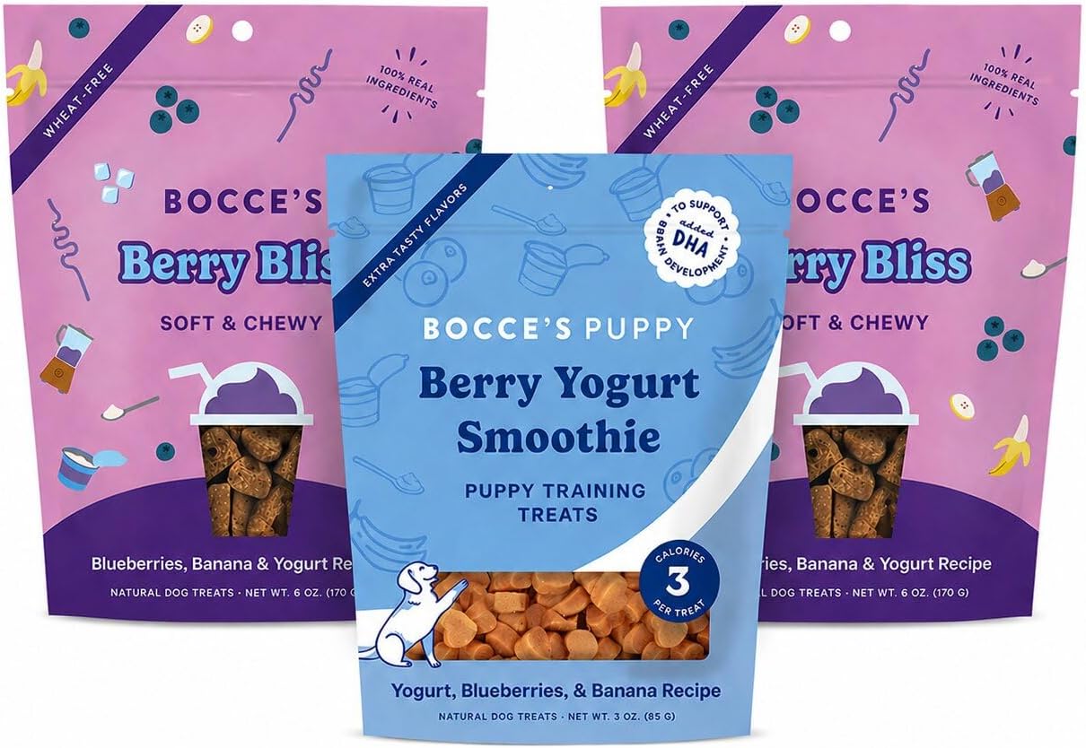 Bocce's Bakery Berry Bliss Smoothie + Berry Yogurt Smoothie Dog Treat Bundle – Natural, Wheat-Free Soft & Chewy Cookies and Training Bites Made with Real Ingredients and Baked in The USA – 3 Pack