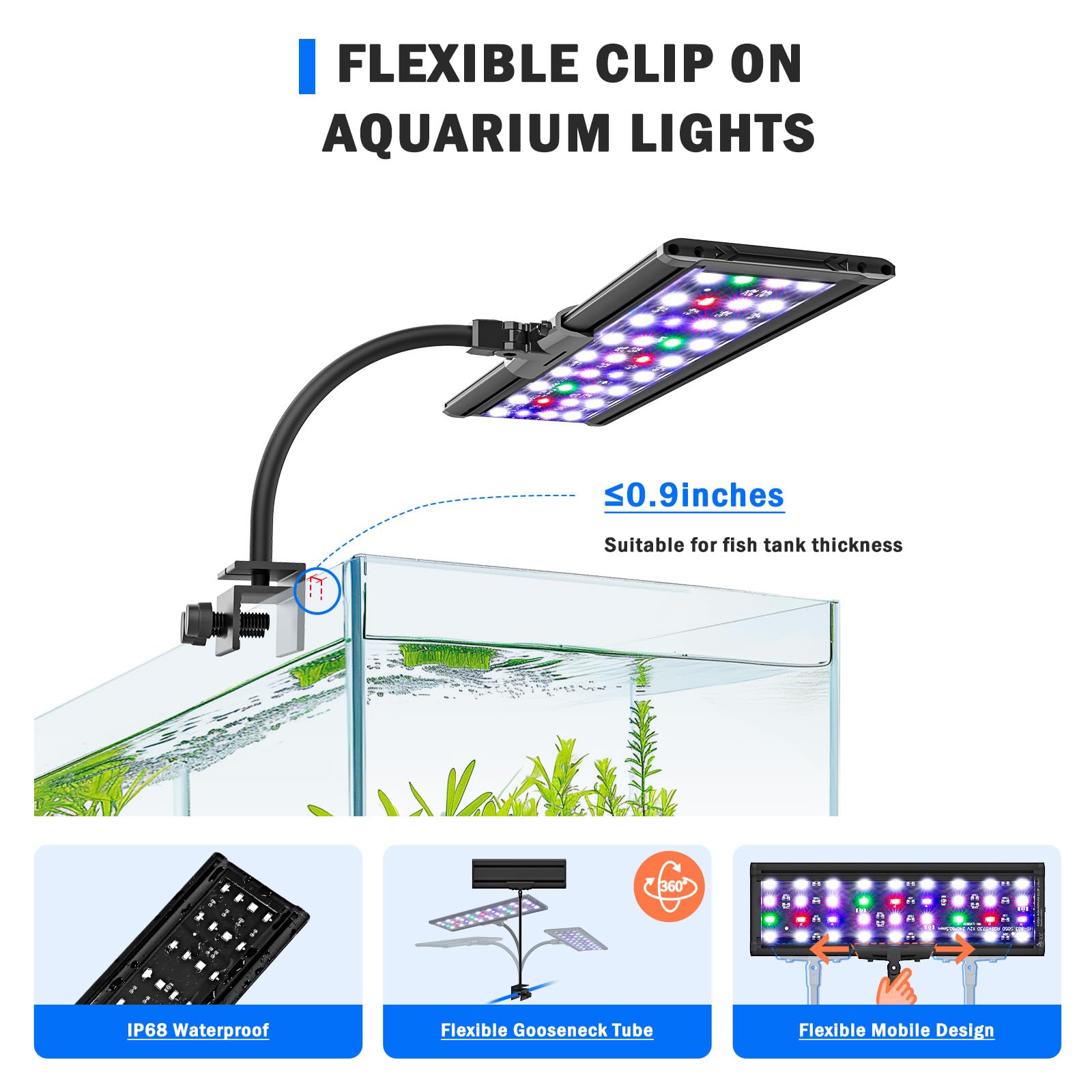 AQQA LED Aquarium Light, 24/7 Mode Clip on Fish Tank Light with Memory Function, DIY Mode Full Spectrum Aquarium Plant Light, Adjustable Timer/Brightness, IP68 Waterproof for 16-24 Inch Fish Tank 18W