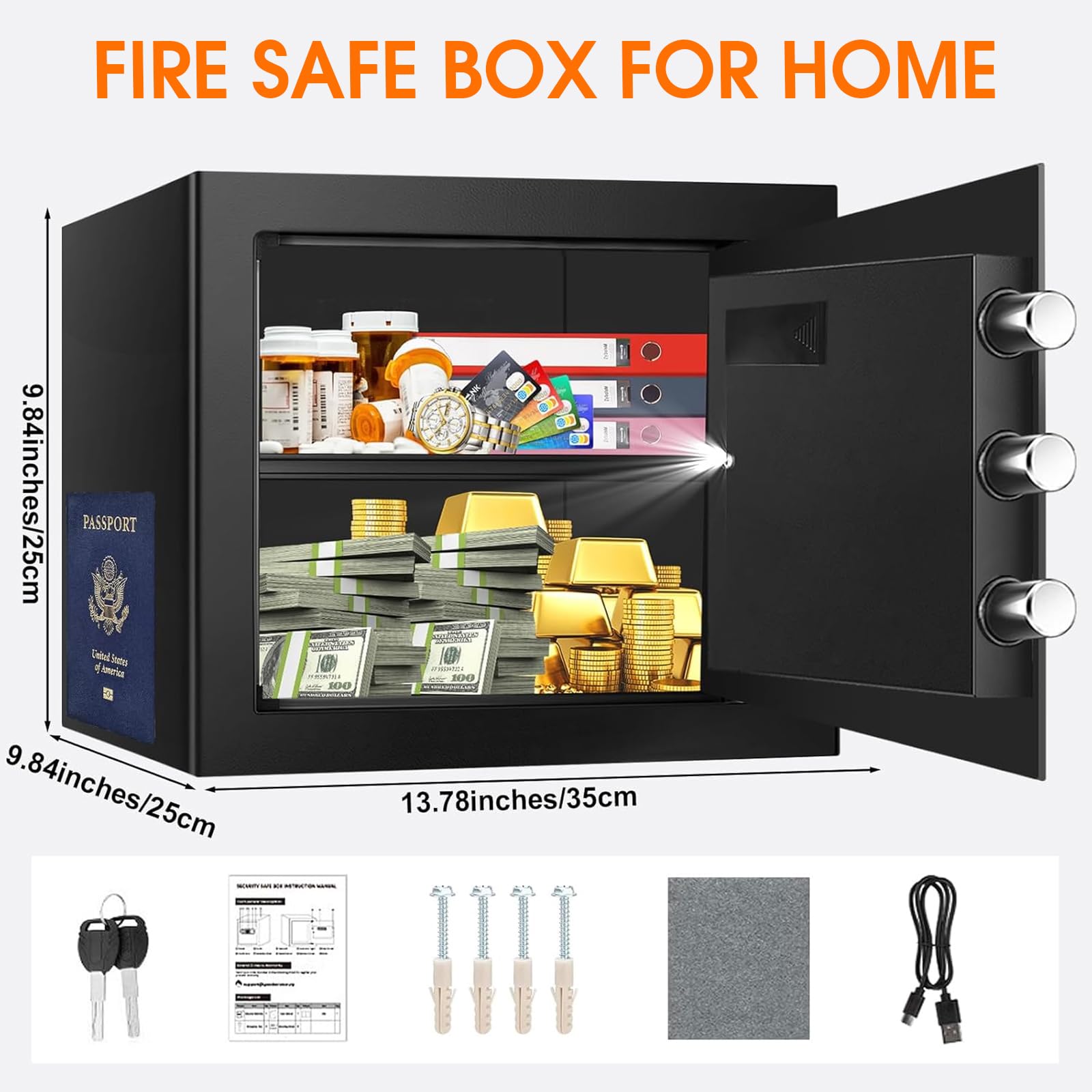 1.3 Cub Kleiner Sicherheitssafe für Zuhause Feuerfest, Anti-Diebstahl Feuersafe Box mit digitaler Tastatur, Ersatzschlüsseln & abnehmbarem Regal, Sicherheitsbox für persönliche Dokumente, feuerfest