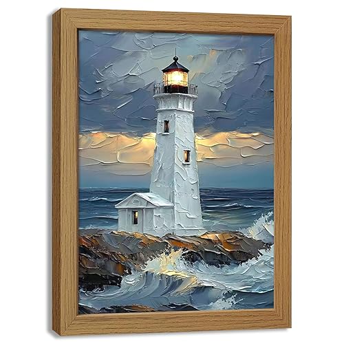 Blue Ocean Island Lighthouse Wall Art, Coastal Waves Textured Canvas
