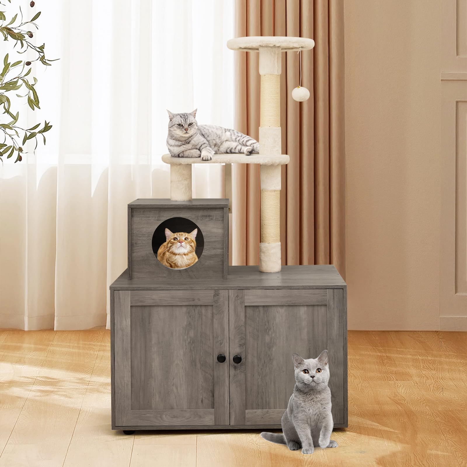 COSTWAY 3 en 1 Rascador para Gatos con Nido y Caja de Arena, Árbol Estable de 3 Niveles con 2 Postes de Sisal, 2 Plataformas y Juguete Colgante (Gris Oscuro)