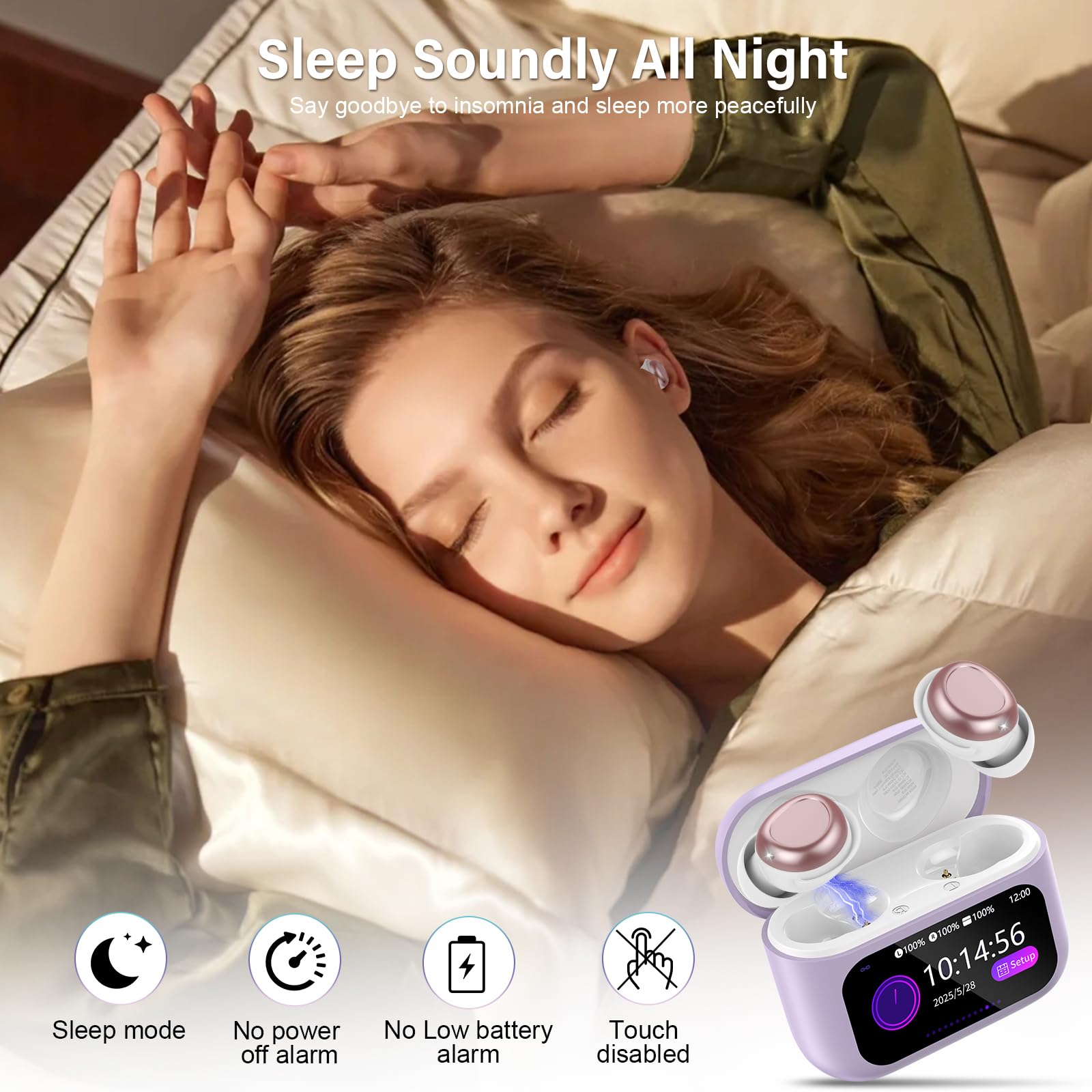 ZYHKON Ecouteurs Bluetooth sans Fil, Écouteurs de Sommeil avec Écran Tactile, IP7 Étanche Écouteurs Intra-Auriculaires, HiFi Stéréo Casque Bluetooth 5.4 Appels Clairs pour Dormir sur Le Côté, Violet