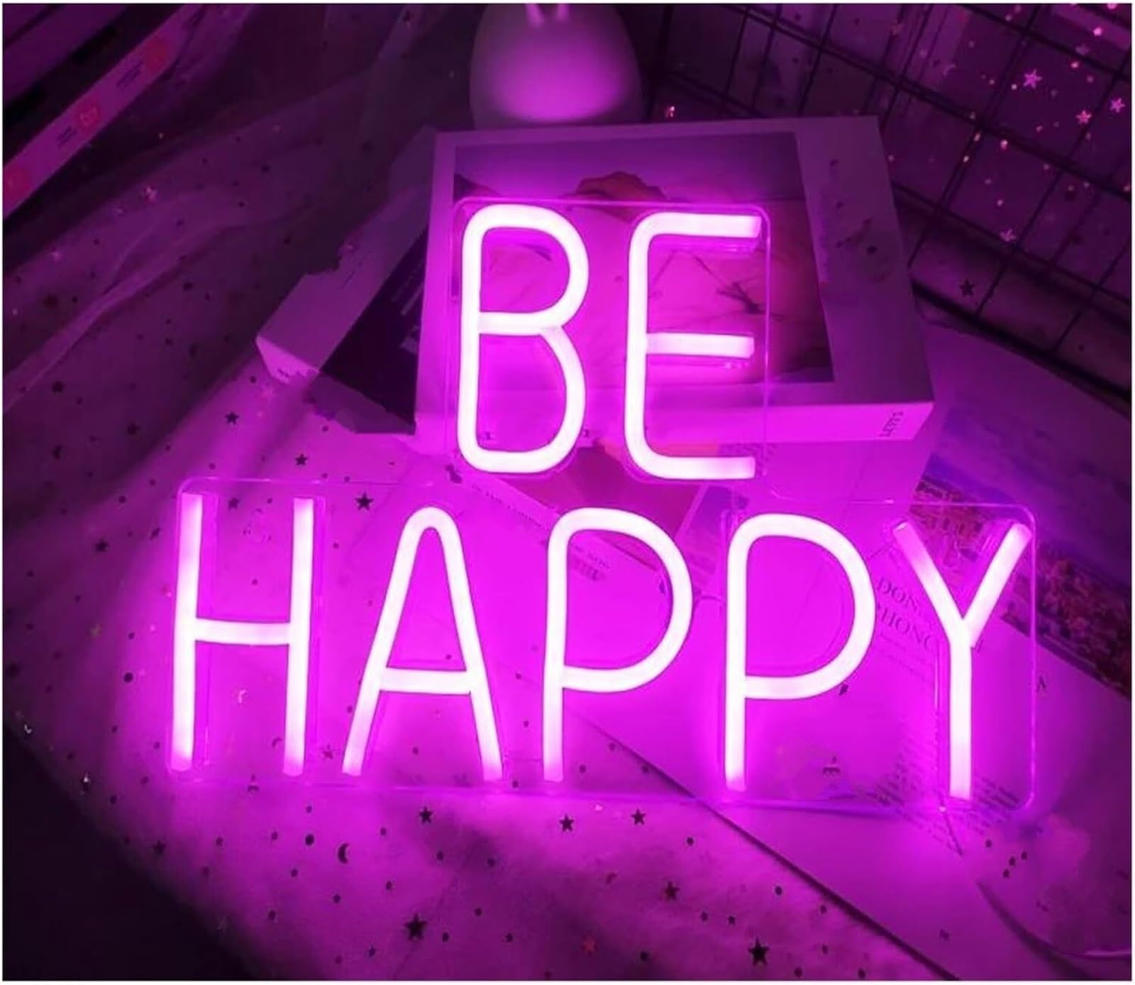 Insegna al neon con lettere colorate per interni, scritta "Be Happy", per decorazioni murali e camerette per bambini