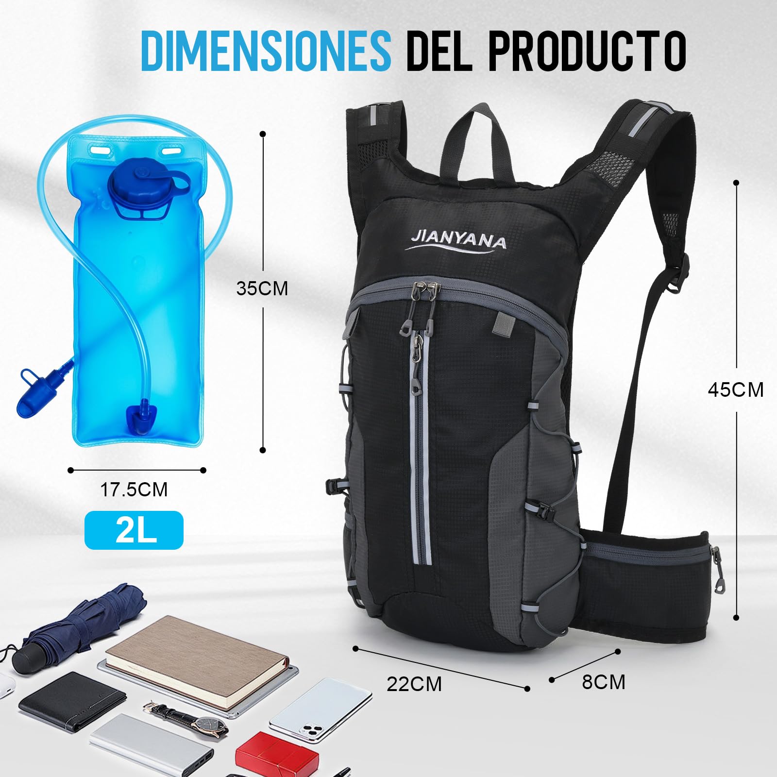 Mochila hidratación 2L,plegable,adecuada para ciclismo y senderismo,Negro