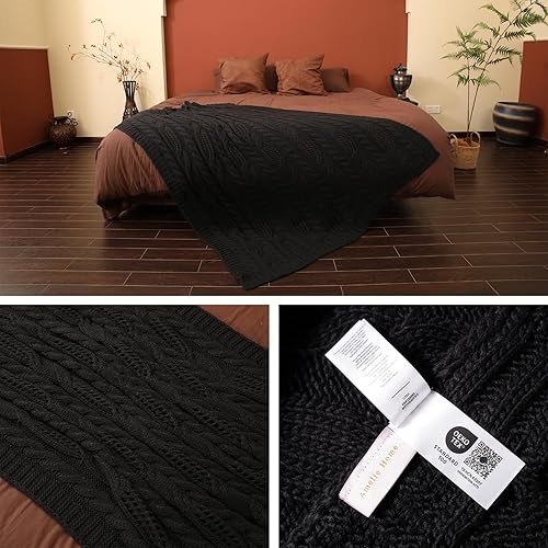 Miniatura 5 de Amélie Home Manta negra para sofá, manta de punto trenzado hueco, suave, acogedora, ligera y transpirable, decorativa de primavera para sofá,