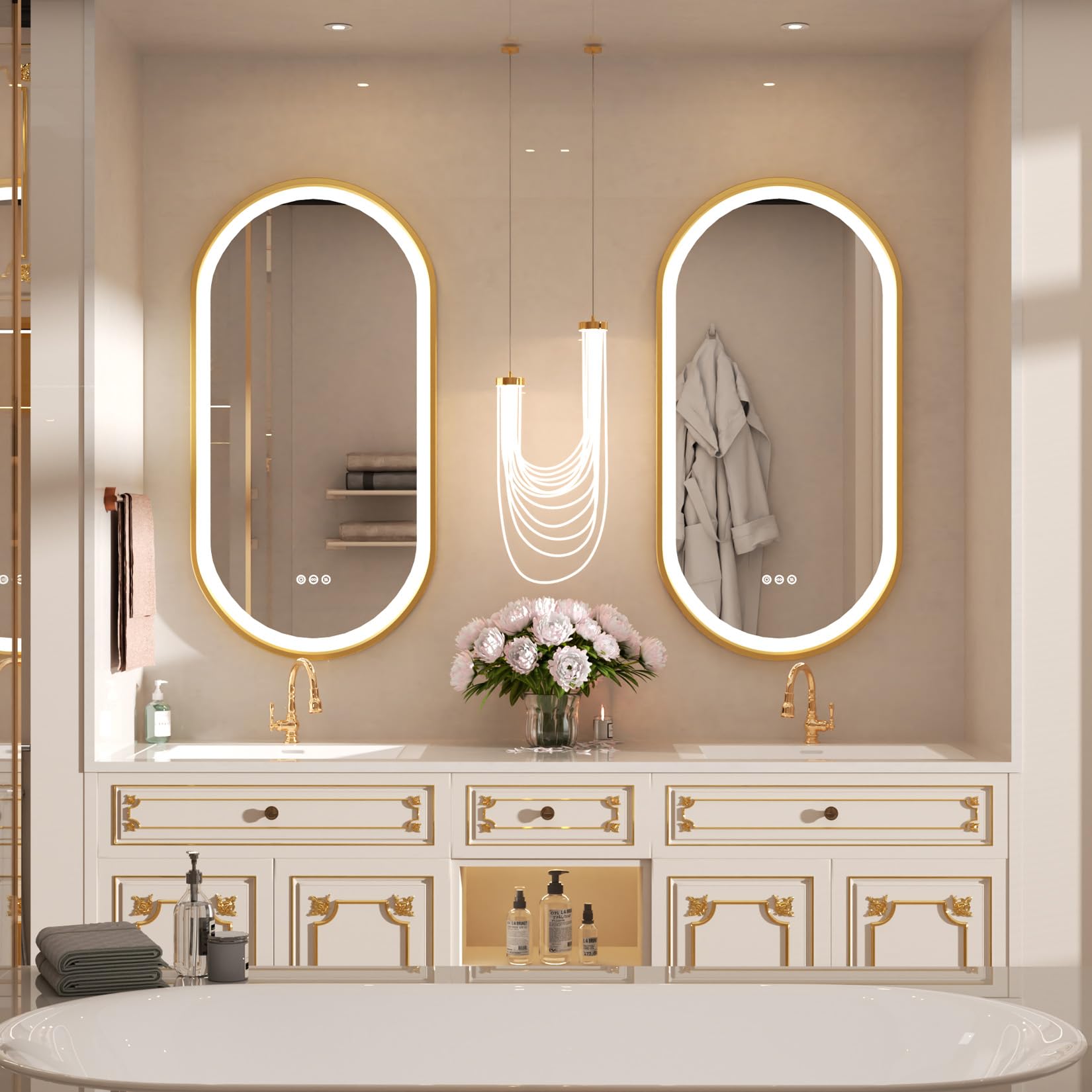 LUVODI Specchio Bagno LED Luce: Cornice Dorata Ovale 100x50cm Specchio Smart Led Bagno Oro da Parete 3 Touch Grande Illuminato Frontale Antiappannamento Dimmerabile Verticale Orizzontale