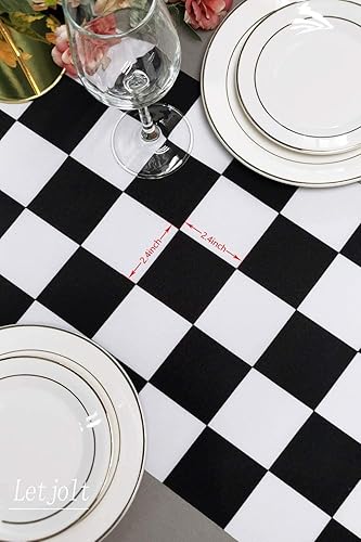 Miniatura 3 de Camino de mesa de poliéster con tema de carreras de tablero de ajedrez blanco y negro para aniversario, corredor, cena, fiestas, cumpleaños, boda,