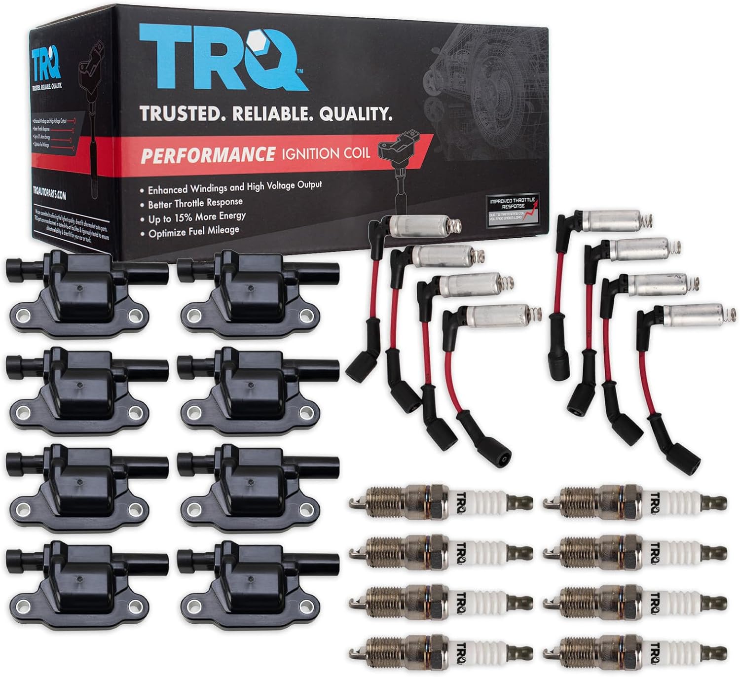 TRQ Ignition Coil and Spark Plug Kit 17 Piece Iridium Spark Plugs Compatible with 2006-2007 Cadillac CTS 2007-2008 Escalade ESV EXT 2006-2008 Chevrolet Corvette Impala 2005-2006 SSR
