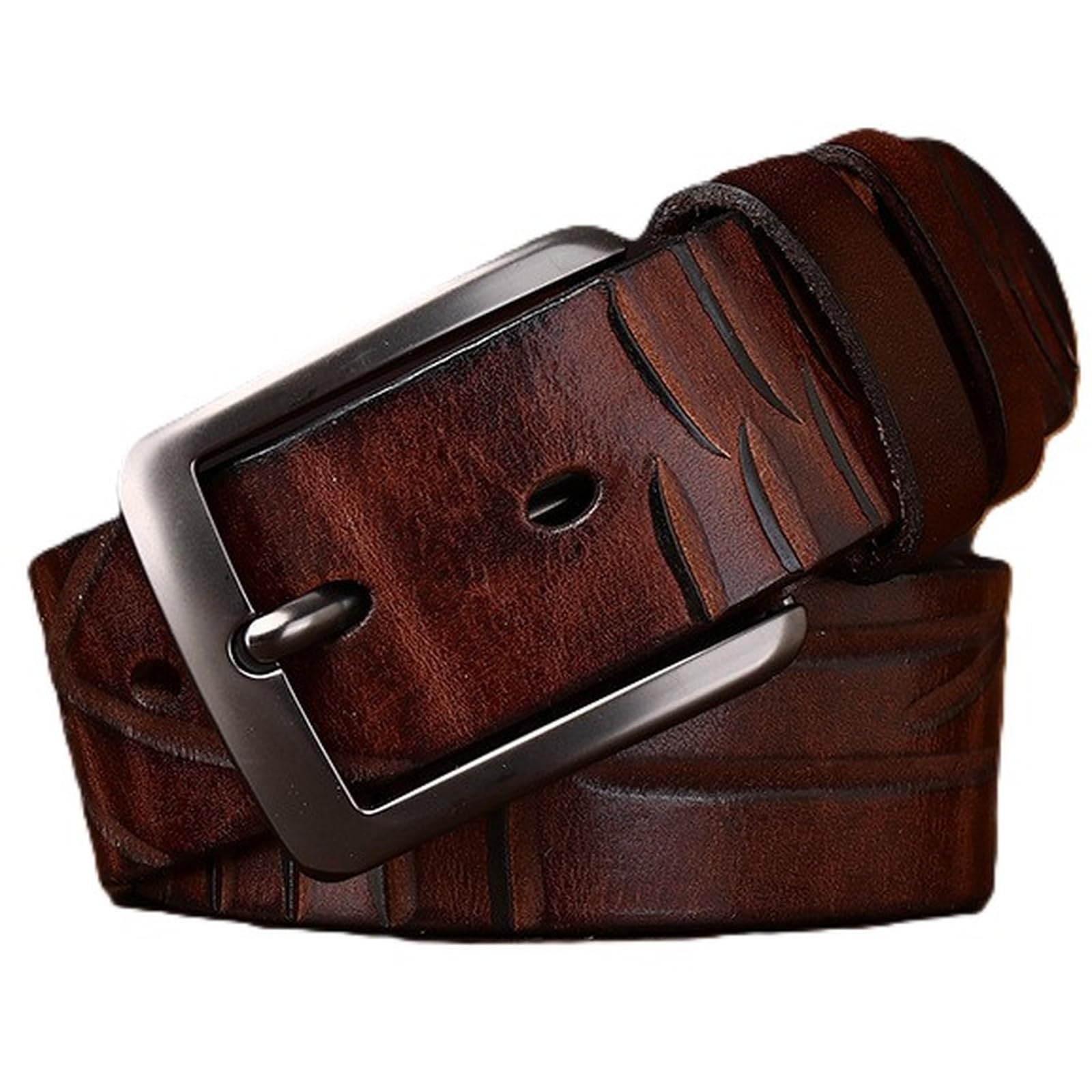 AGUTALITHIC Men's Distressed Jeans Belt-Vintage Full Grain Leather Strap Handmade Engraved Scratches-1.5" Wide with Gift Box(120cm/47, Brown)
