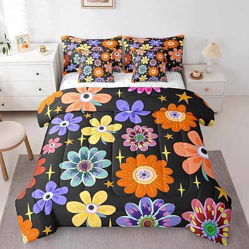 Erosebridal 7 Piece Colorful Daisy Twin Bed in A Bag for Kids Girls Youth,60s 70
