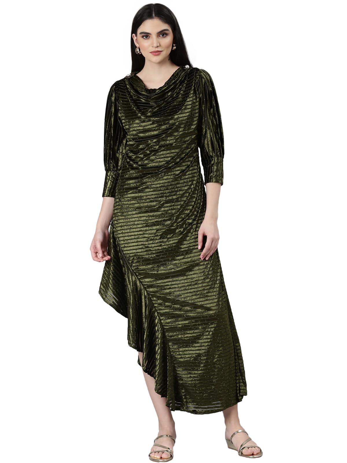Women Self Design Gown Party Dress | Cowl Neck 3/4th Sleeves Velvet Dress for Womens | Maxi Dress for Women's-image-2