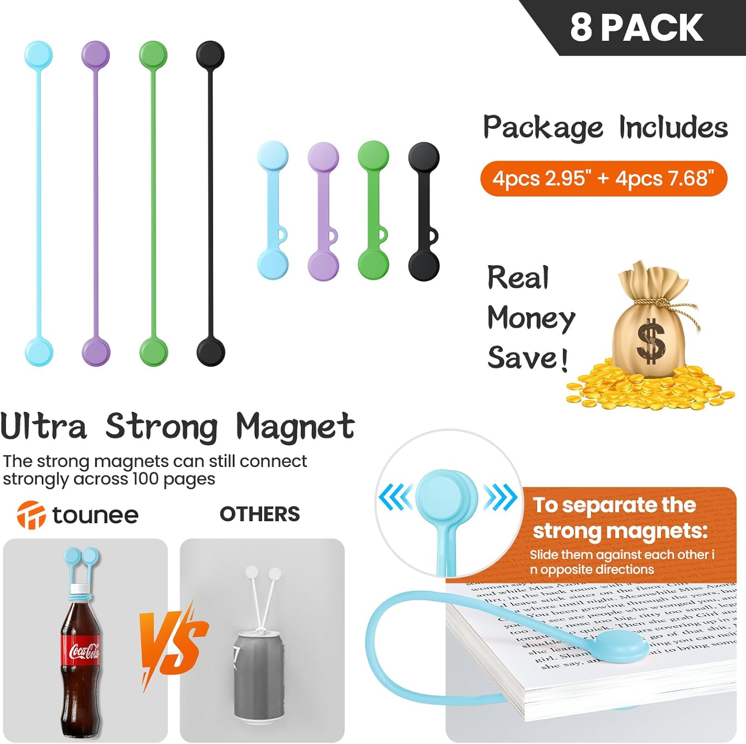 Tounee Reusable Silicone Magnetic Cable Ties - 2 Sizes Combo (4pcs 2.95'' + 4pcs 7.68'') - Multi-Purpose for Cable Bundling, Organizing, Bookmarks & Fridge Magnets - Assorted Colors, 8-Pack - Image 5