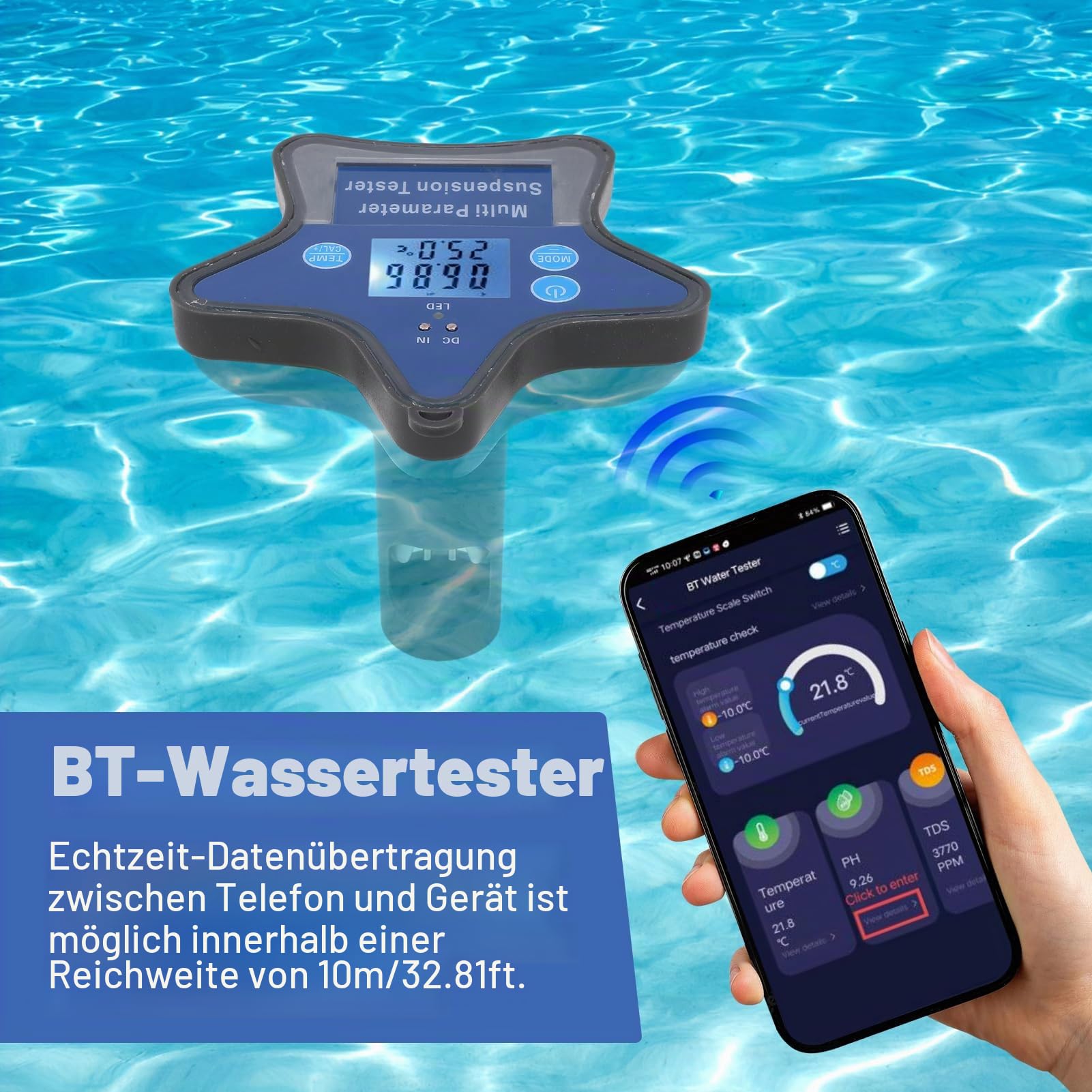 Weytoll Wasserqualitätsmonitor, 9in1-Digital-Wassertester für Aquakultur, Pools und industrielle Abwässer