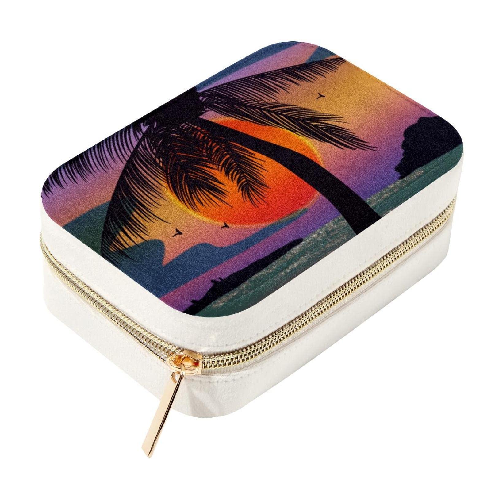 Boîte à bijoux de voyage double couche motif coucher de soleil et plage