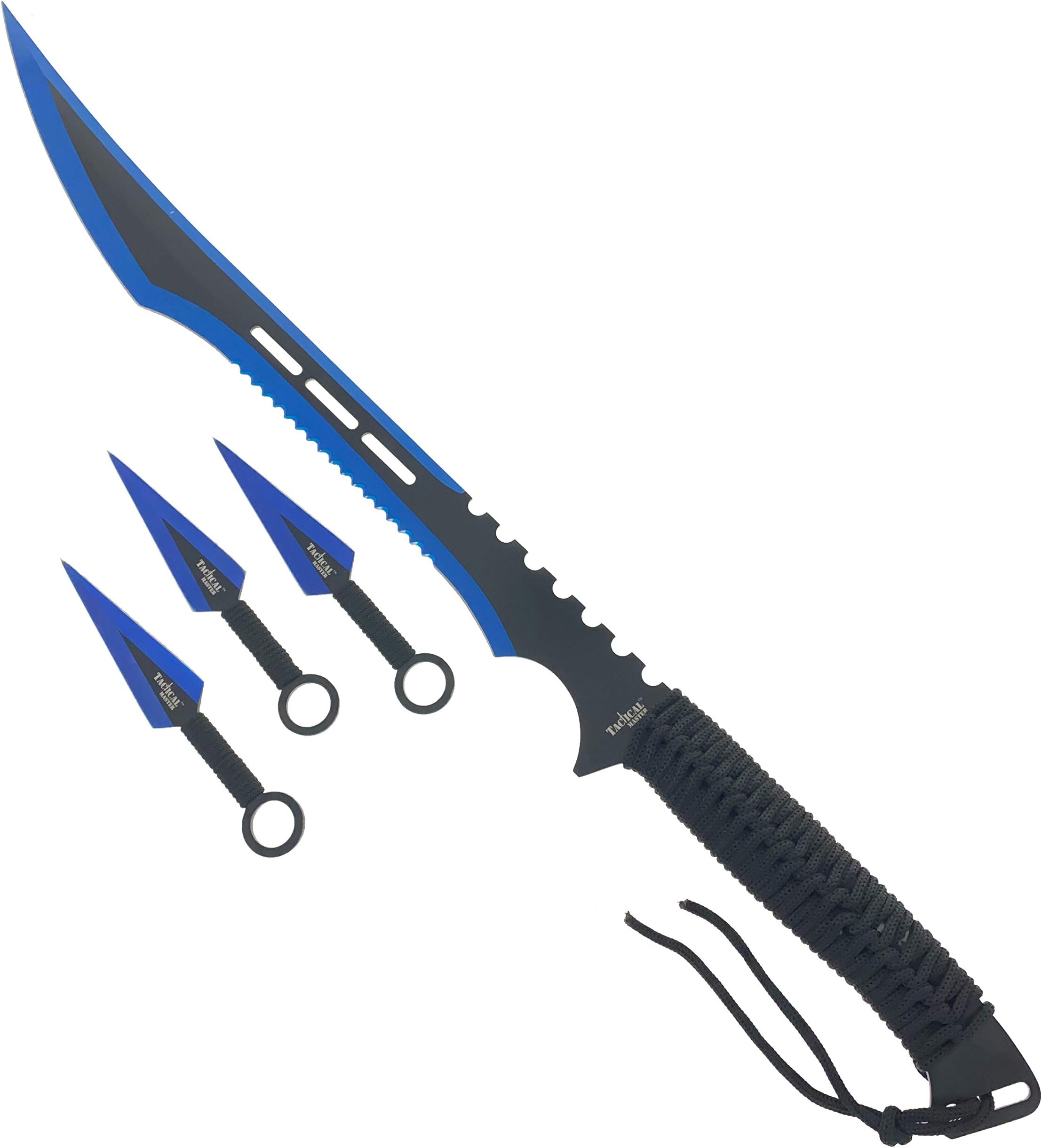 27" Tactical Machete with 3 Fixed Blade Set. Stainless Steel Blade. for Outdoor Camping Cutting Ropes - Branches, Collection, Gift (Blue)