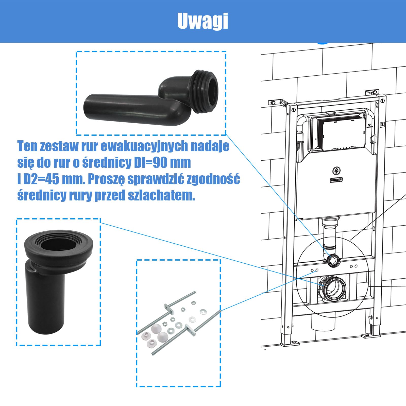 Zestaw przyłączeniowy do WC Mendorio – przyłącze do wiszącego WC, wykonane z PE-HD, odpowiednie do średnic rur: d=90 mm, d1=45 mm, kompatybilne z rurą przyłączeniową do WC Geberit 405.116.00.1.