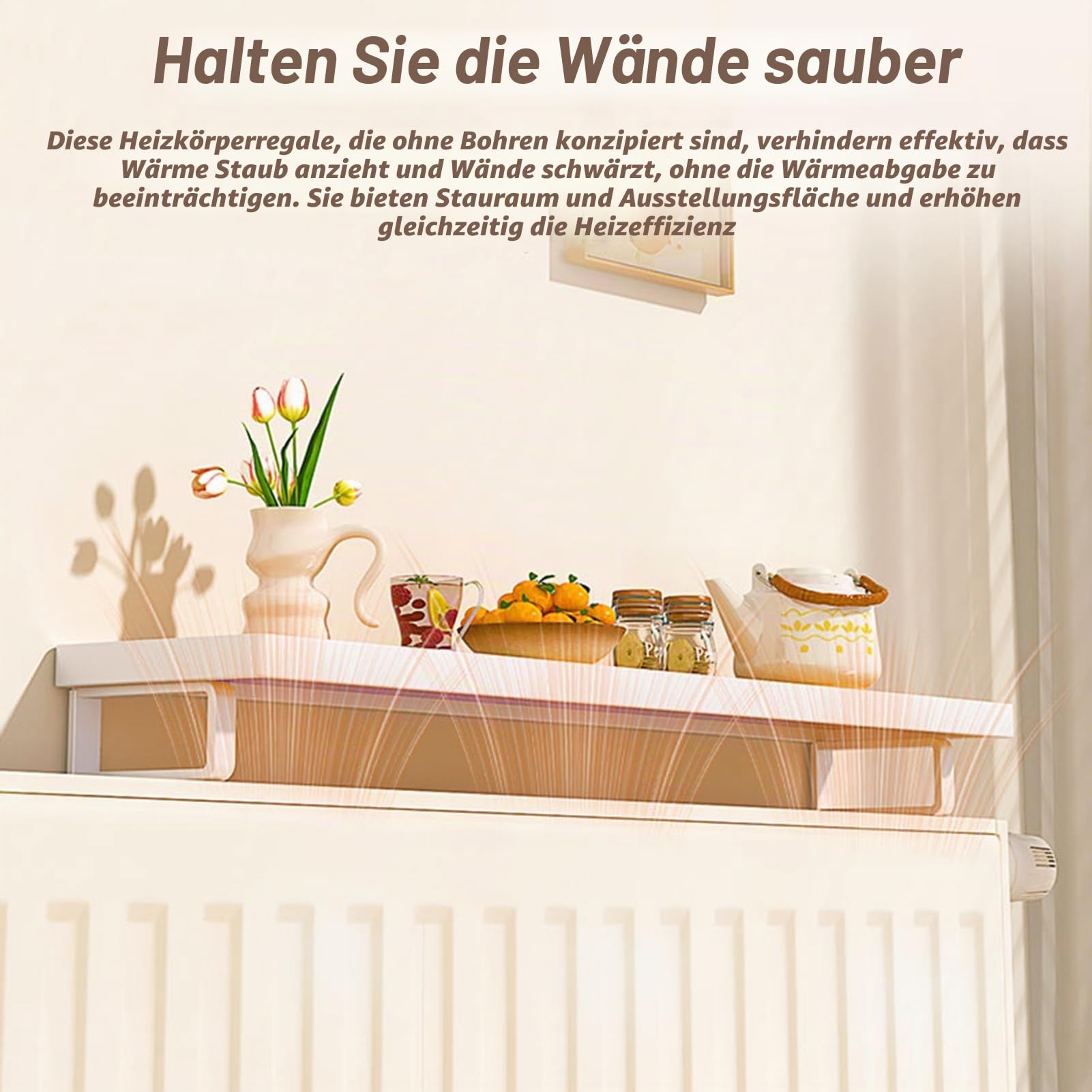Über-Dem-Heizkörper-Regal Holz Schwebende Heizungsregal Heizung Ablage Ohne Bohren, Moderne Heizkörperverkleidung Heizkörperabdeckung Oben für Wohnzimmer Schlafzimmer Flur(Weiß,60 cm/23.6 in)