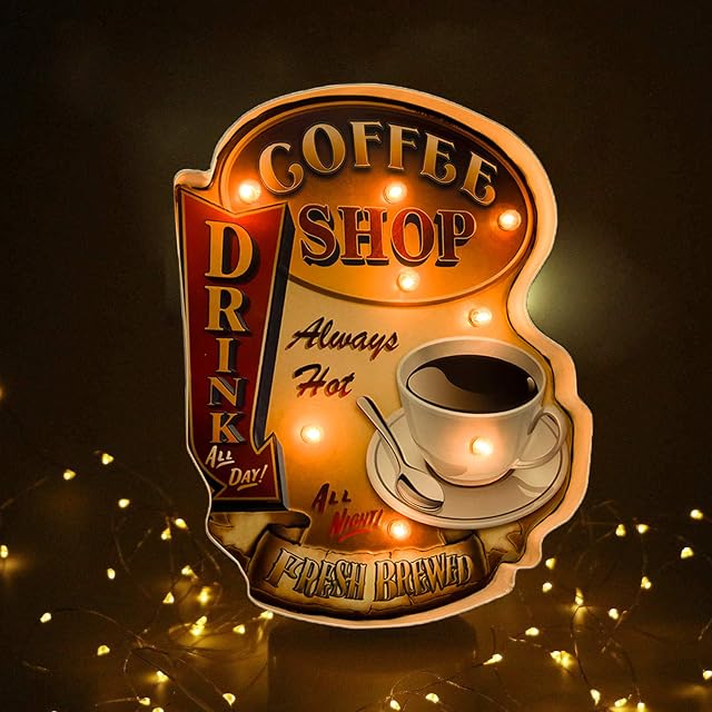 FSVEYL Light Signs Home Decor Coffee Wall Decorations Metal Vintage Handmade Marquee Embossed Tin Decor,Industrial Style Wall Hanging Sign,for Apartment,Bar Kitchen or ShopBattery Operated (Shop)