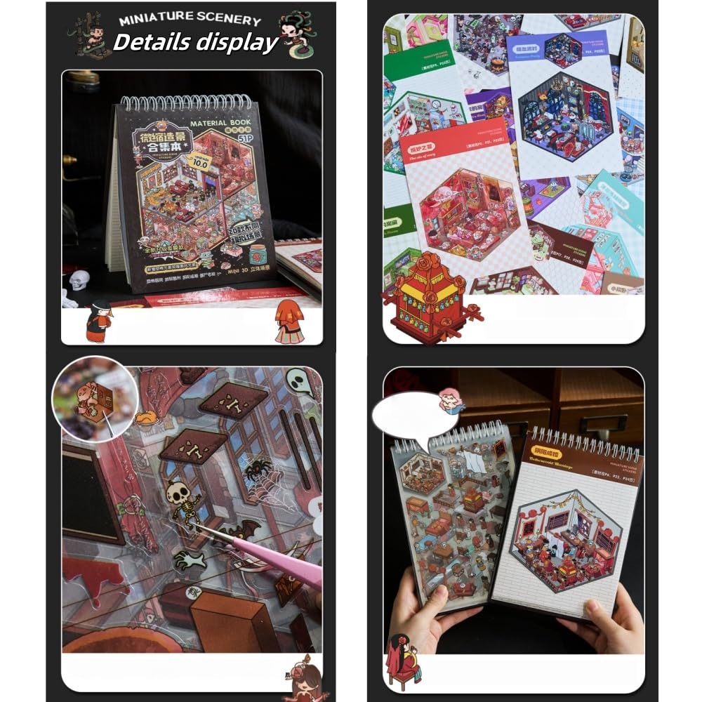 20 Sets DIY Stickers Scene,Cartoon 3D Mini House Stickers Set for Adults with Tweezers Make Your Own Room Horror Book Sticker Scene Therapy for Adults Relief Stress Pass The Time Gift(Black) - Image 3