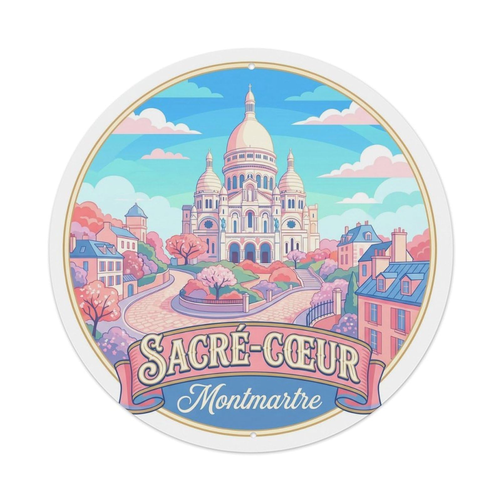 Vintage Travel Sacre Coeur Paris 1 Metal Tin Sign Plaque Wall Decor for Cafe, Club, Garden Round Metal Poster 8x8Inch