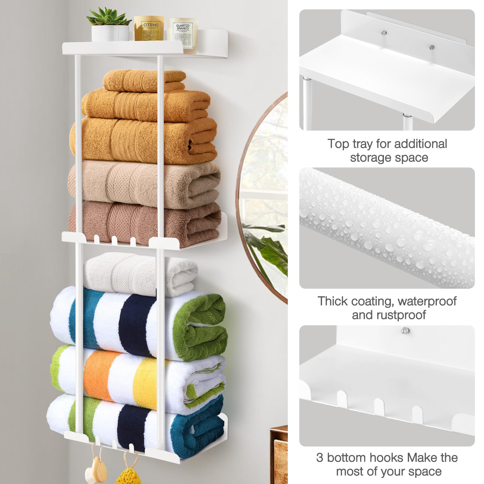 Towel Holder Without Drilling - Stable Towel Storage for the Bathroom, White 2, Rechteckig - Image 4