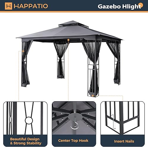 Miniatura 4 de HAPPATIO Cenador de patio de 10 x 12 pies con techo doble de ventilación, kiosco para exteriores con mosquitera para césped, jardín (gris)