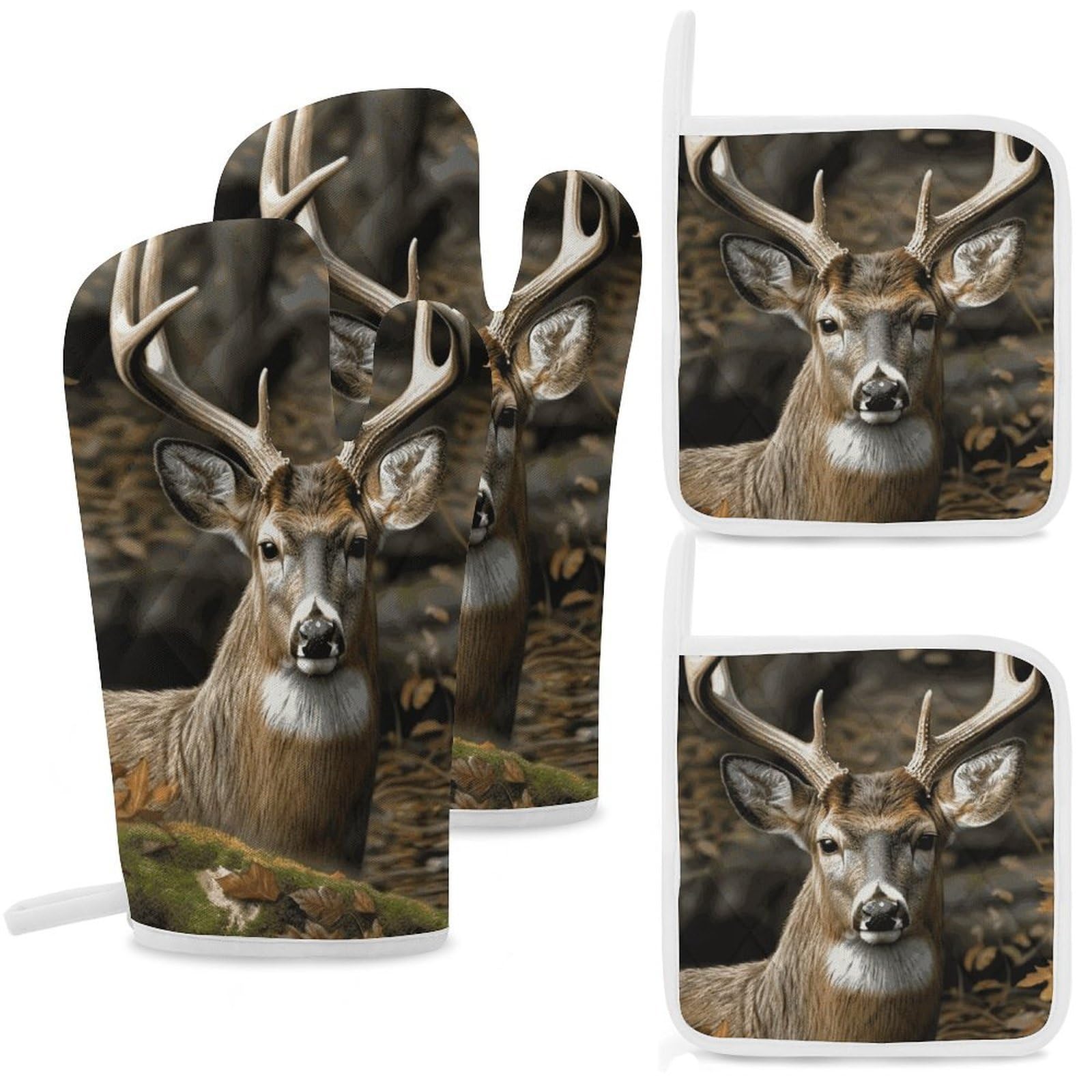 Camouflage Deer Oven Mitts and Pot Holders Sets Heat Resistant Oven Glove with Hanging Loop for Baking Cooking BBQ Thicken Potholders for Kitchen