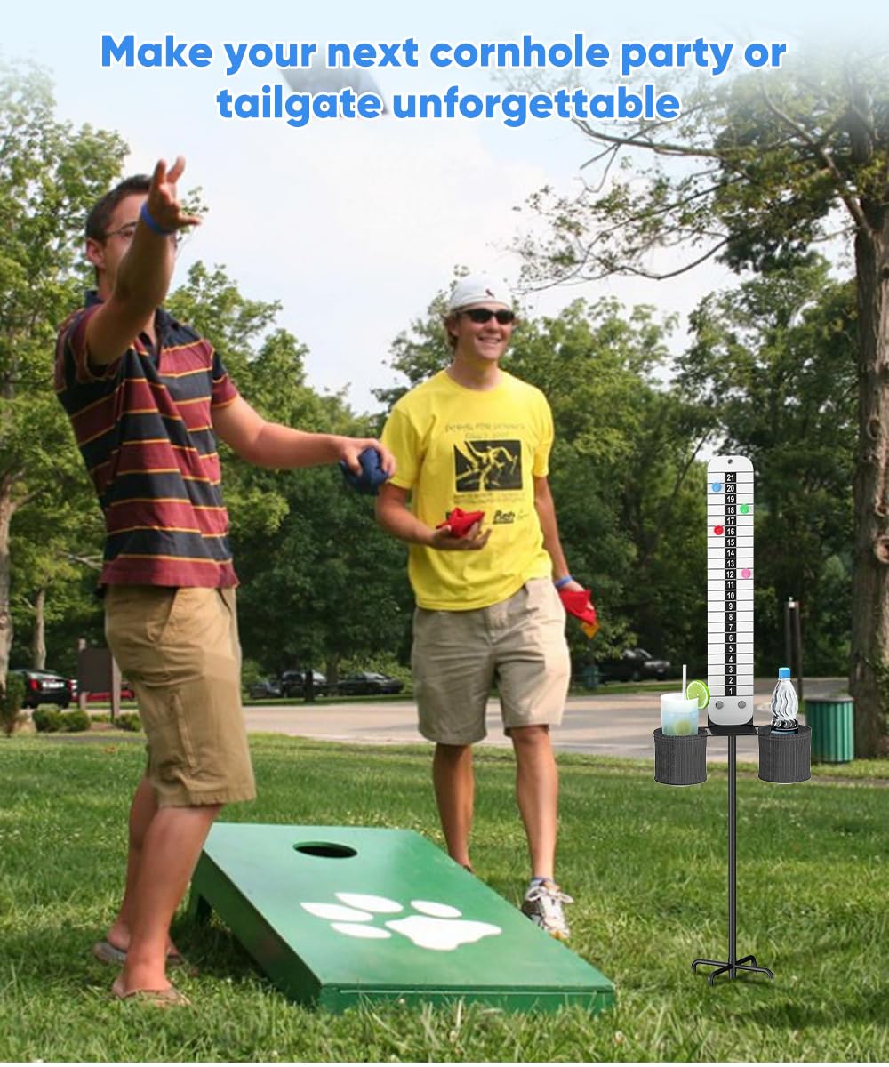 Queension Cornhole Anzeigetafel mit Getränkehalter, höhenverstellbar, faltbar, Cornhole Score Keeper mit Aufbewahrungsregal, Schwarz