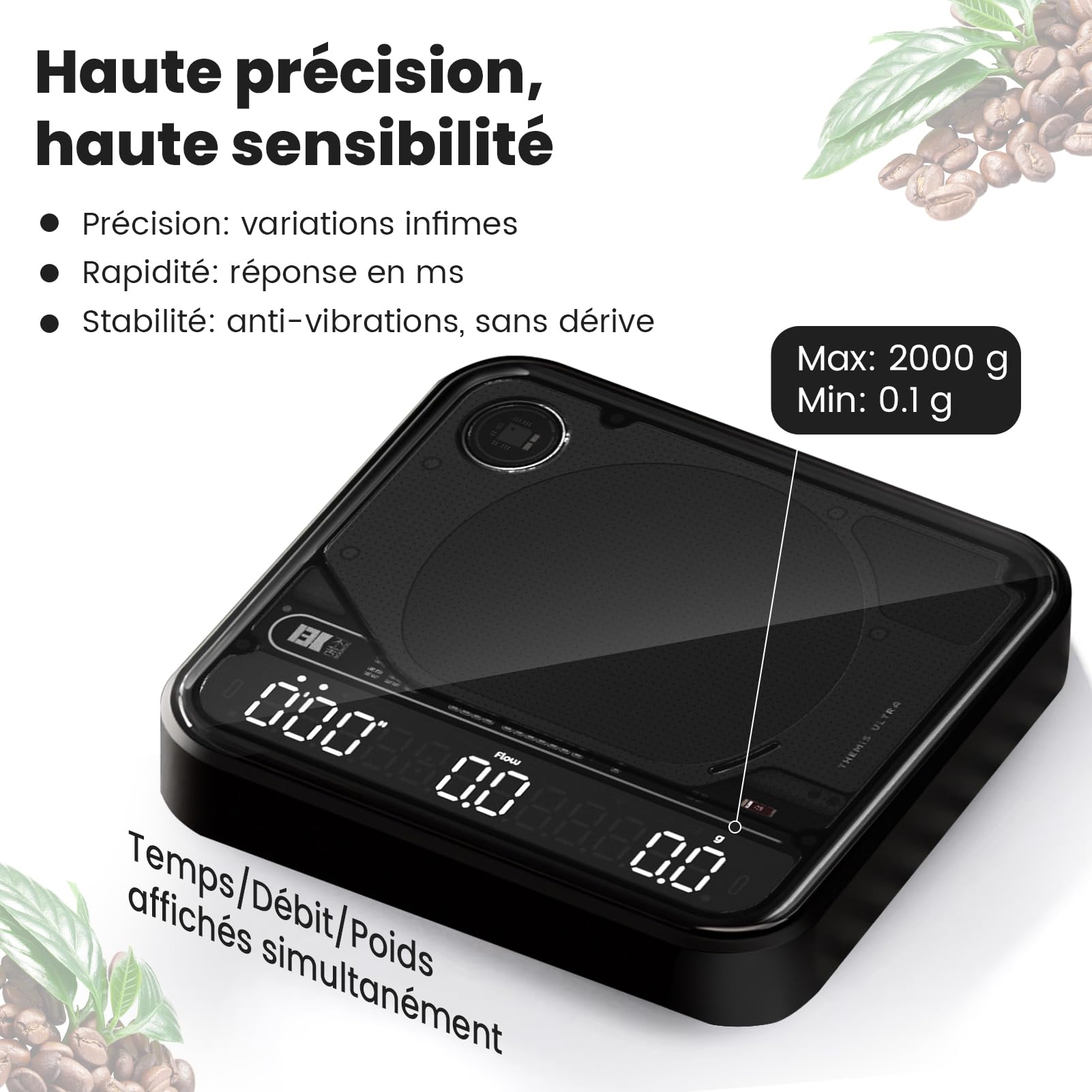 BOOKOO Balance à Café avec Minuterie, Balance Expresso 0,1 g, 2000 g, 4 Modes, Bluetooth avec Application, Suivi du Débit, IP67, Batterie 2000 mAh jusqu’à 72 h, USB-C, pour Expresso & Pour Over, Noire