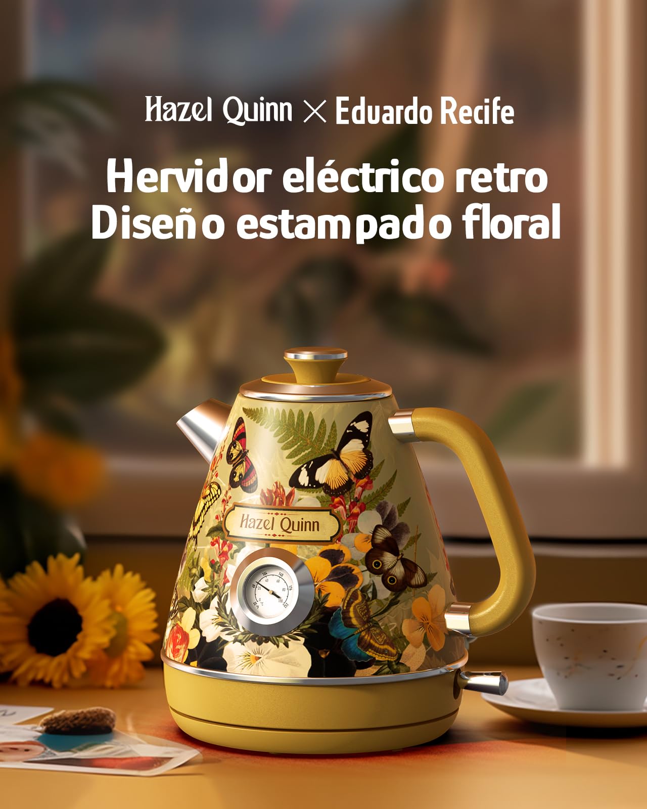 Hazel Quinn Hervidor Eléctrico con Termómetro, 1.7 L Sin Cable de Acero Inoxidable, Libre de BPA, Base 360°, Apagado Automático y Protección contra Hervido Seco, Diseño Retro