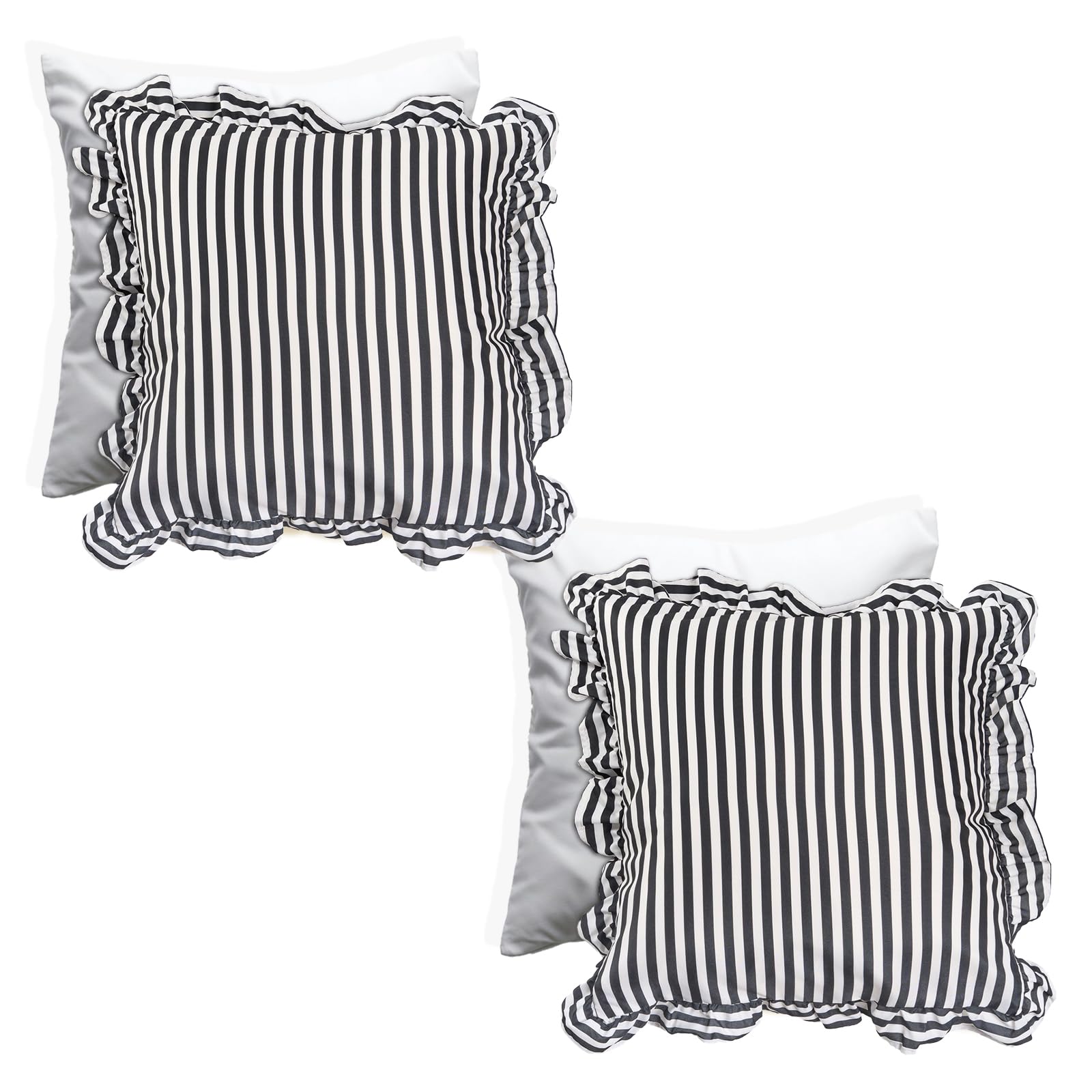 Ohs Women's Monochrome Filled Cushions With Covers 45 X 45Cm Set Of 2 Stripe, Soft Comfy Frill Edge Throw Pillow Covers With Invisible Zipper Sofa Cushions For Bedroom Living Room,