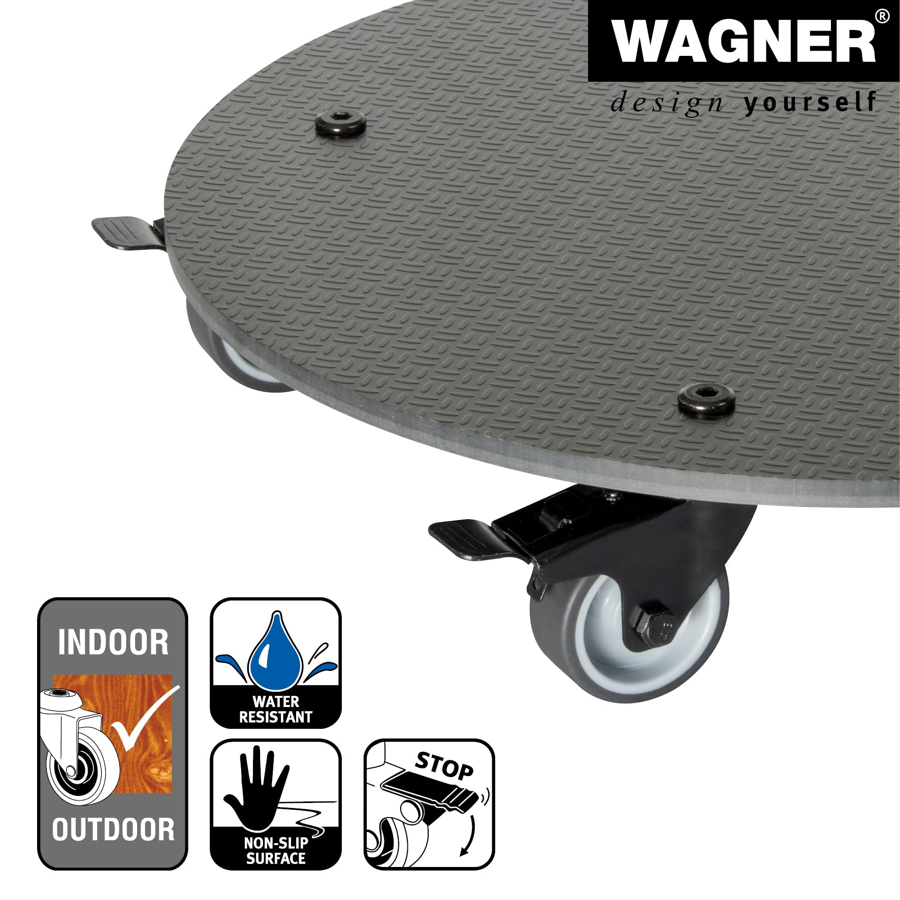 WAGNER Pflanzenroller HPL Black Ø 38 x 7,5 cm I Blumenroller für Außenbereich + Innenbereich I Kübelroller HPL I 2 Total-Feststeller I Tragkraft 100 kg I Made in DE - 20063001