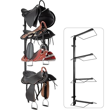 4 Tier Saddle Rack Wall Mount, Adjustable Horse Saddle Storage Rack, Holds 4 Equestrian Western and English Saddle Stand, Hanging Horse Pad and Blanket, for Tack Room, Storehouse