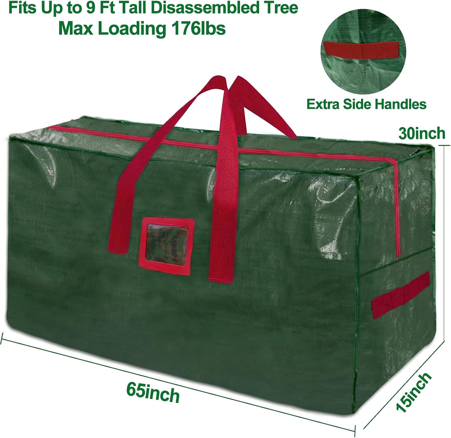 [ Extra Large & Dual Zipper ] Christmas Tree Storage Bag Stores 9 Ft Disassembled Artificial Tree, 65"x15"x30" Waterproof Holiday Christmas Tree Tote Storage Container Box Card Slot Handles (Green)