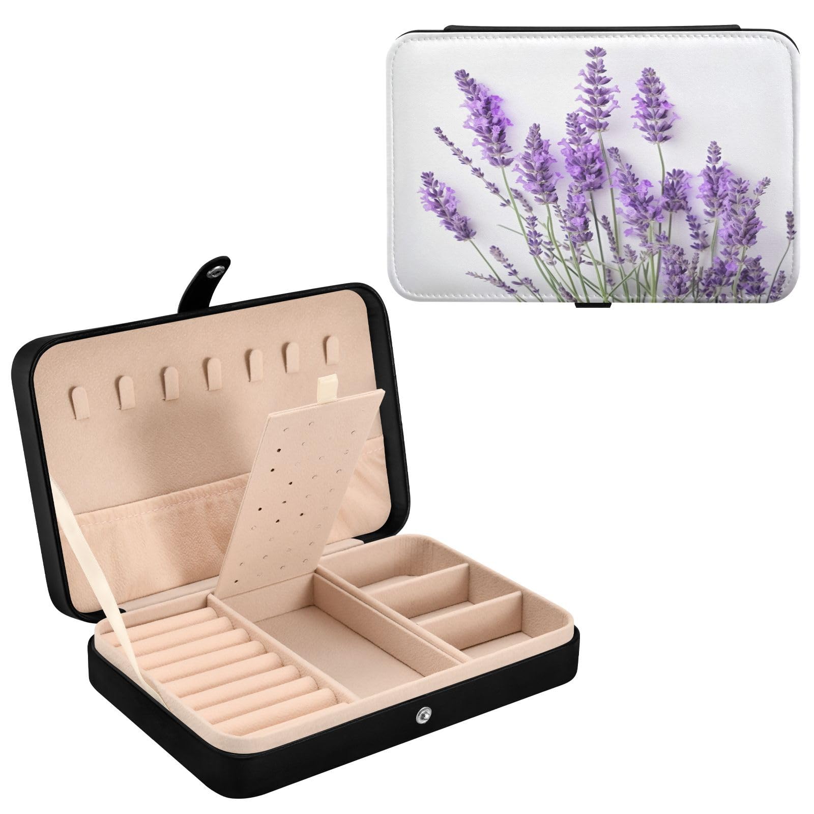 Haskirky Lavender Flower Jewelry Box Portable PU Leather Travel Jewelry Organize for Women Jewelry Storage Display Holder for Ring, Necklace, Earring