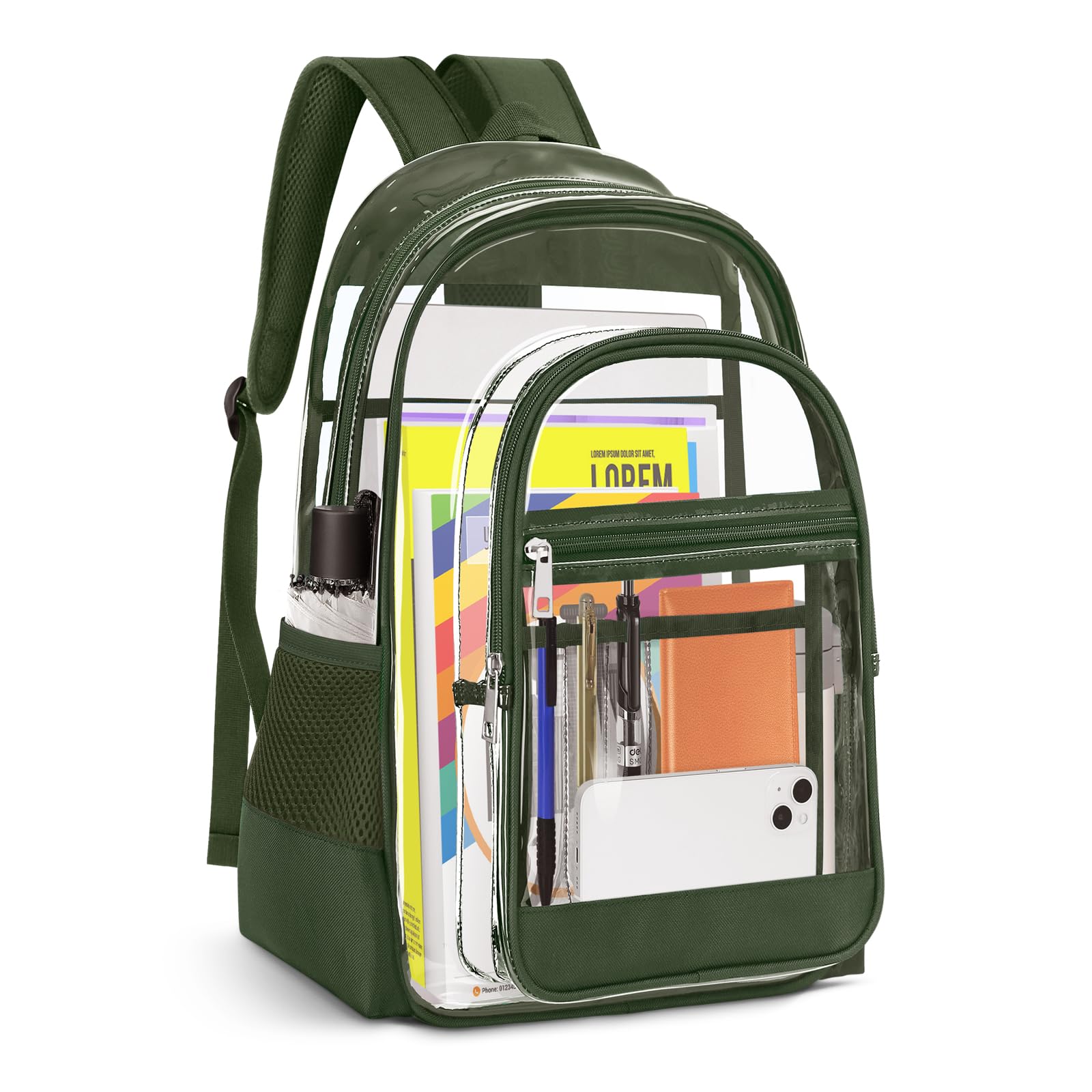 KIMNERPU Clear Backpack, Heavy Duty PVC Transparent Backpack with Reinforced Straps, See Through Multiple Pockets Large Capacity Bookbag for Concert Work Security Travel Festival (Military Green)