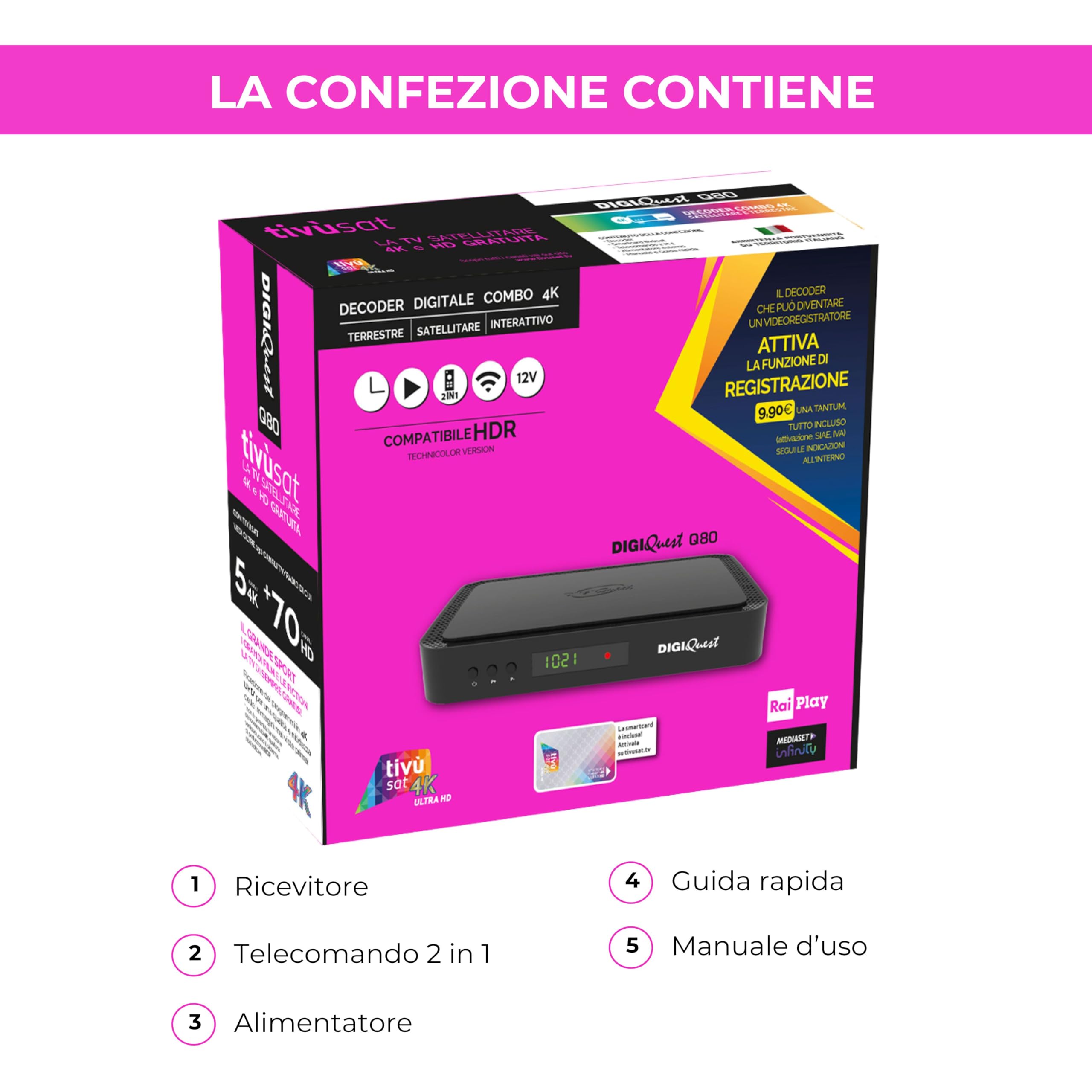 DIGIQUEST Decoder tivùsat Combo 4K Q80 | Récepteur Satellite HbbTV, Double Tuner | Fonction d'enregistrement activable | Mediaplayer, télécommande 2 en 1 | Smartcard tivùsat Incluse | Noir