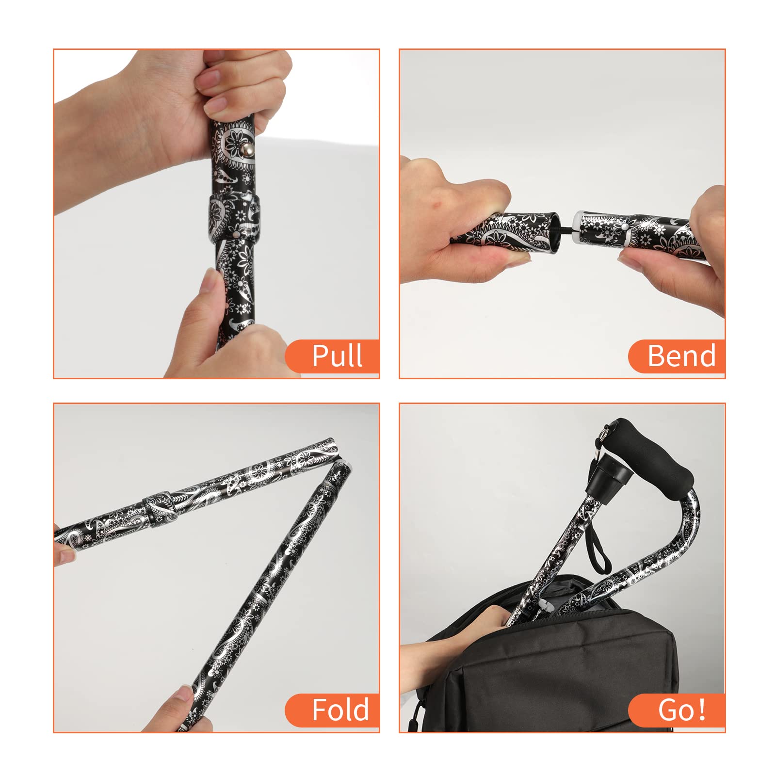 Bastón plegable ligero con mango compensado, ajustable para personas mayores, base pequeña, flor de 32 a 37 pulgadas