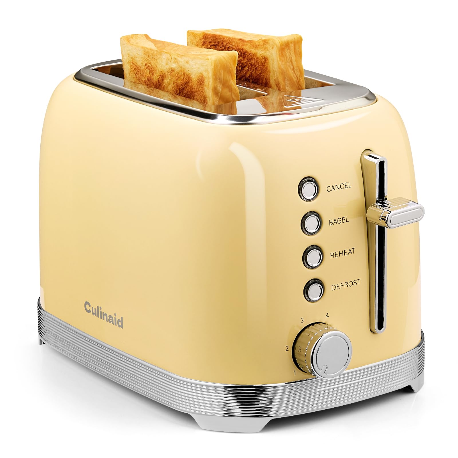 toaster 2 slice retro stainless steel with 1.5” extra wide slots bagel, defrost, reheat, cancel functions, 6 bread shade settings, removable crumb tray, yellow