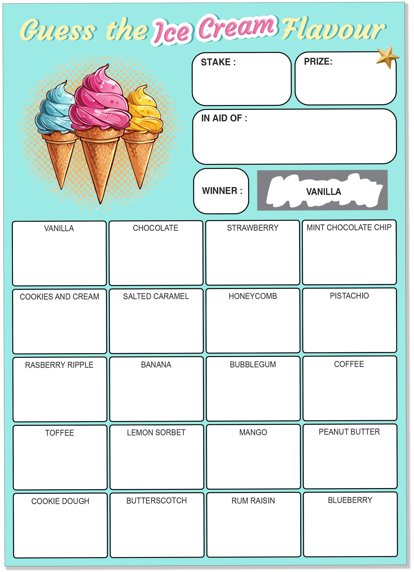 Pack of 10 Ice Cream Flavour Fundraiser Cards - Large A5 Size - 20 Squares and Scratch Off Winner for Fundraising