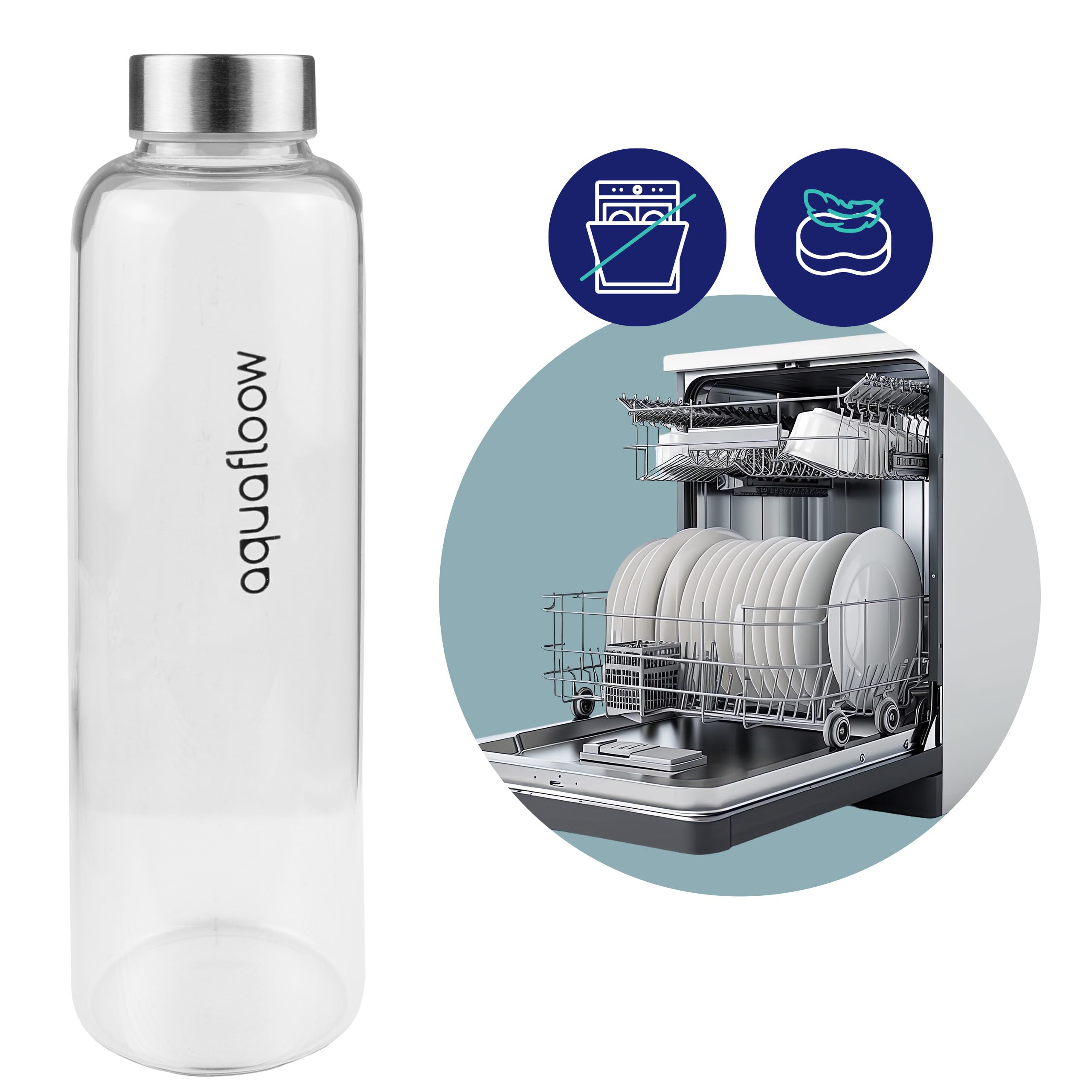 Aquafloow Borraccia con Custodia 700 ml, in Vetro borraccia acqua Borosilicato Trasparente con Coperchio Protettivo e Tappo a Vite, Ideale per Lavoro, Scuola, Fitnes – Bleu foncé