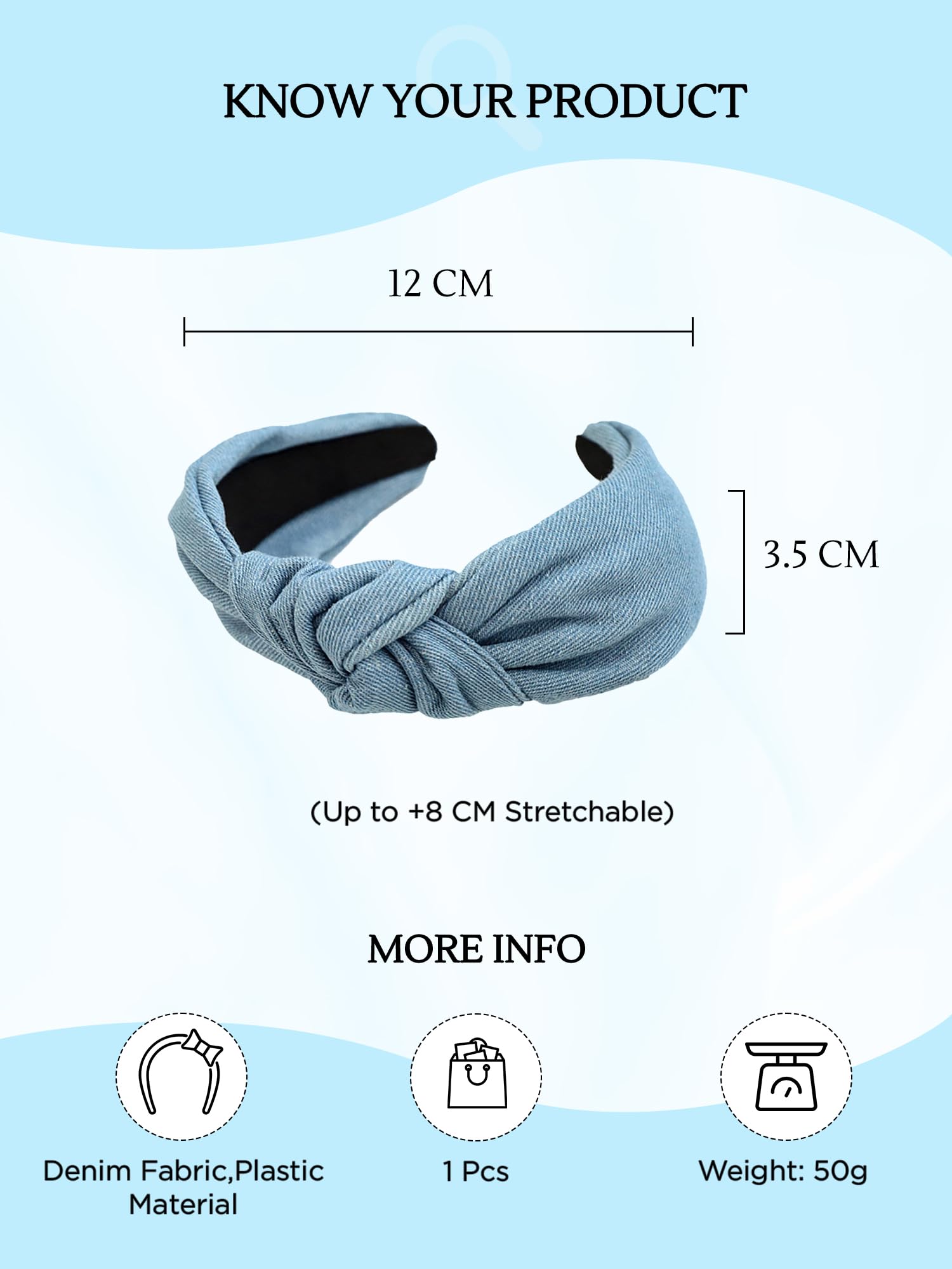 Solid Denim Knot Fabric Headband for Women
