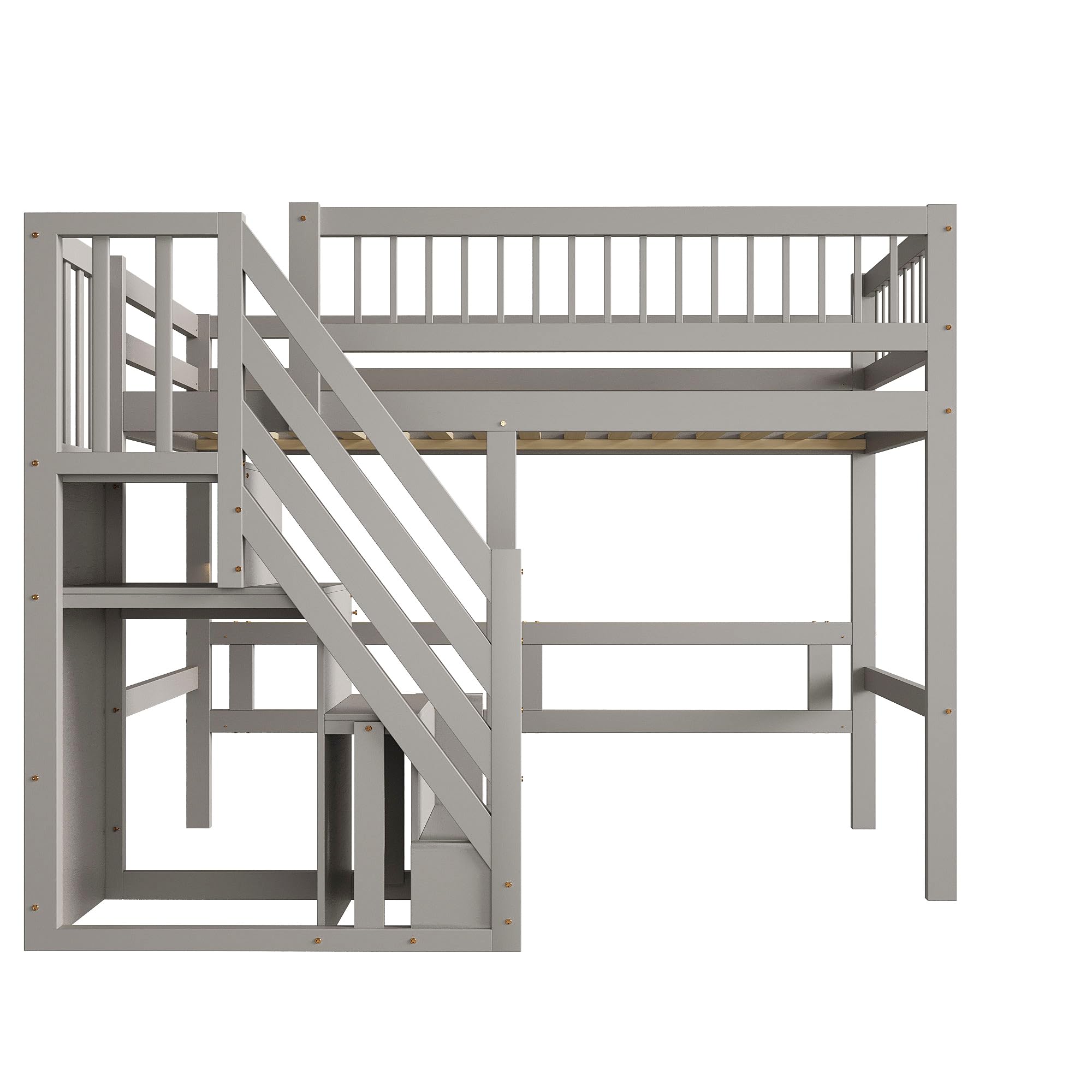 Hochbett 90x200cm, Etagenbett Treppe mit Aufbewahrungs Schrank, Raumfreundliches Design Hochbett für kleine Zimmer oder Gemeinschaftsräume, Grau