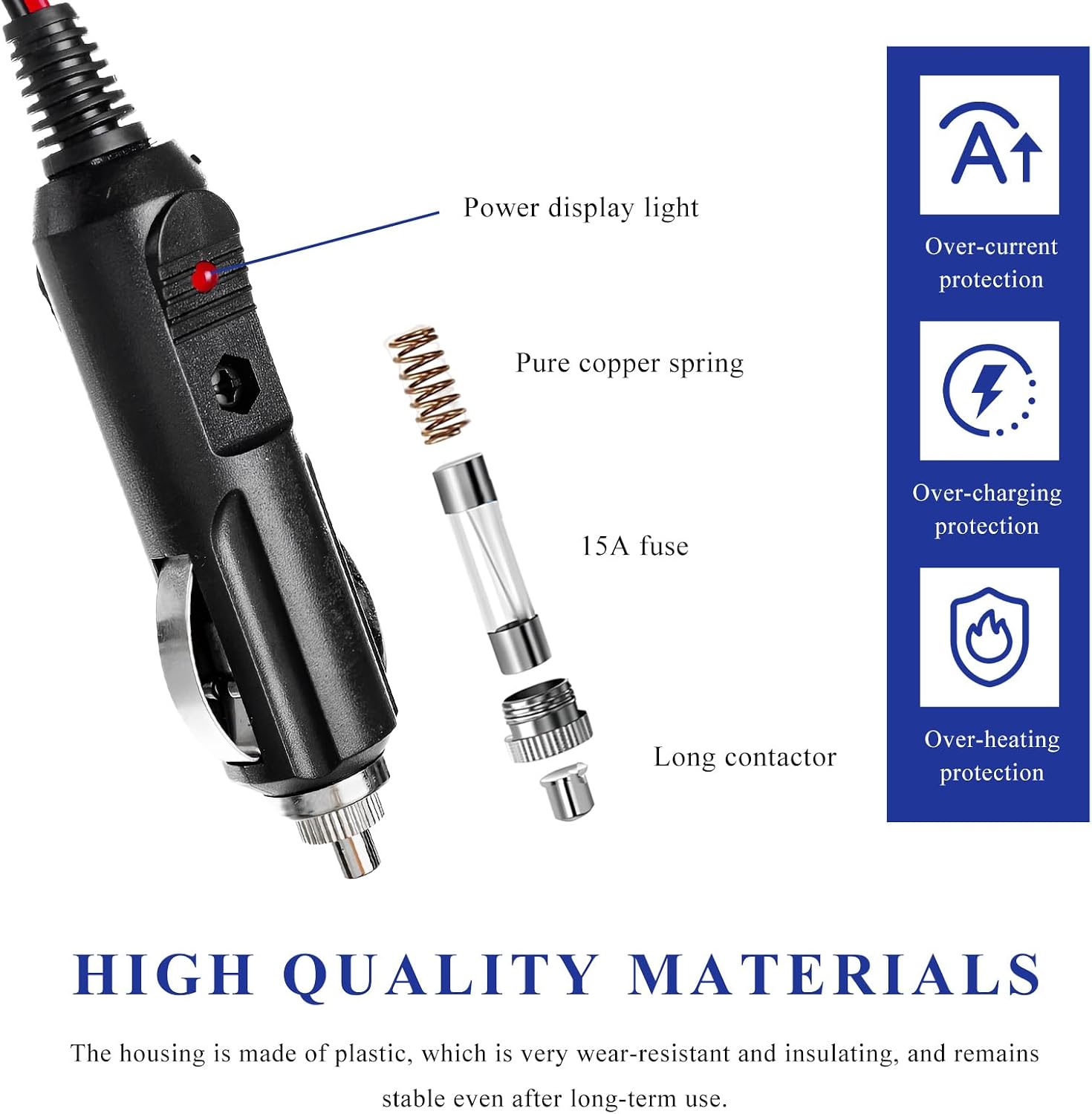Fused Cigarette Lighter Male Plug, 12V 15A Car Cigarette Lighter Socket Cord with Leads & LED Light, 16AWG Fused Cigar Male Plug Connector DC Battery Charger Kit for Most Vehicles