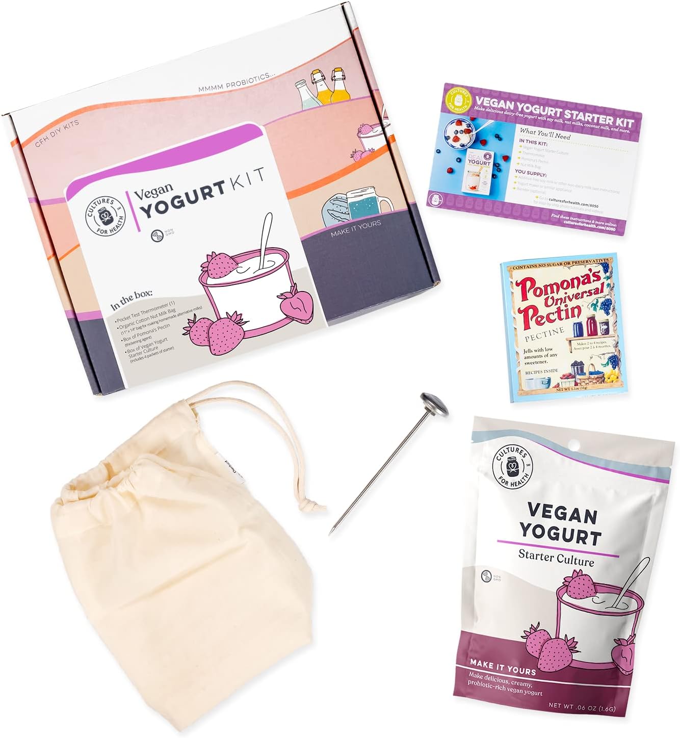 Cultures for Health Vegan Yogurt Starter Kit | 7 Piece DIY Kit Includes 4 Packets Dairy Free Yogurt Culture, Pectin Powder, Cooking Thermometer, & Cotton Nut Milk Bag | Make Yogurt w/Plant Based Milk